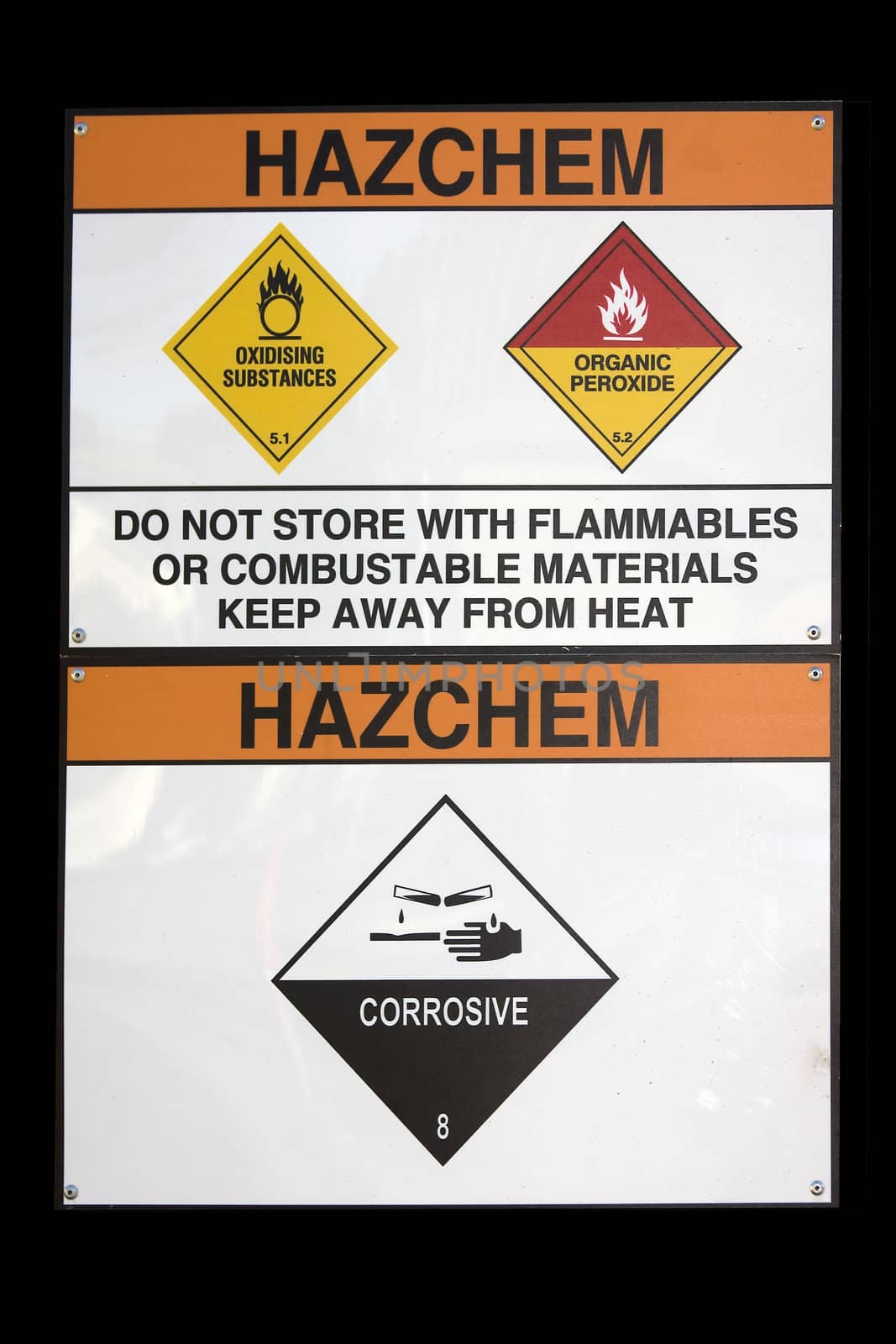 hazchem sign for hazardous substance storage area with corrosives, and oxidising agents