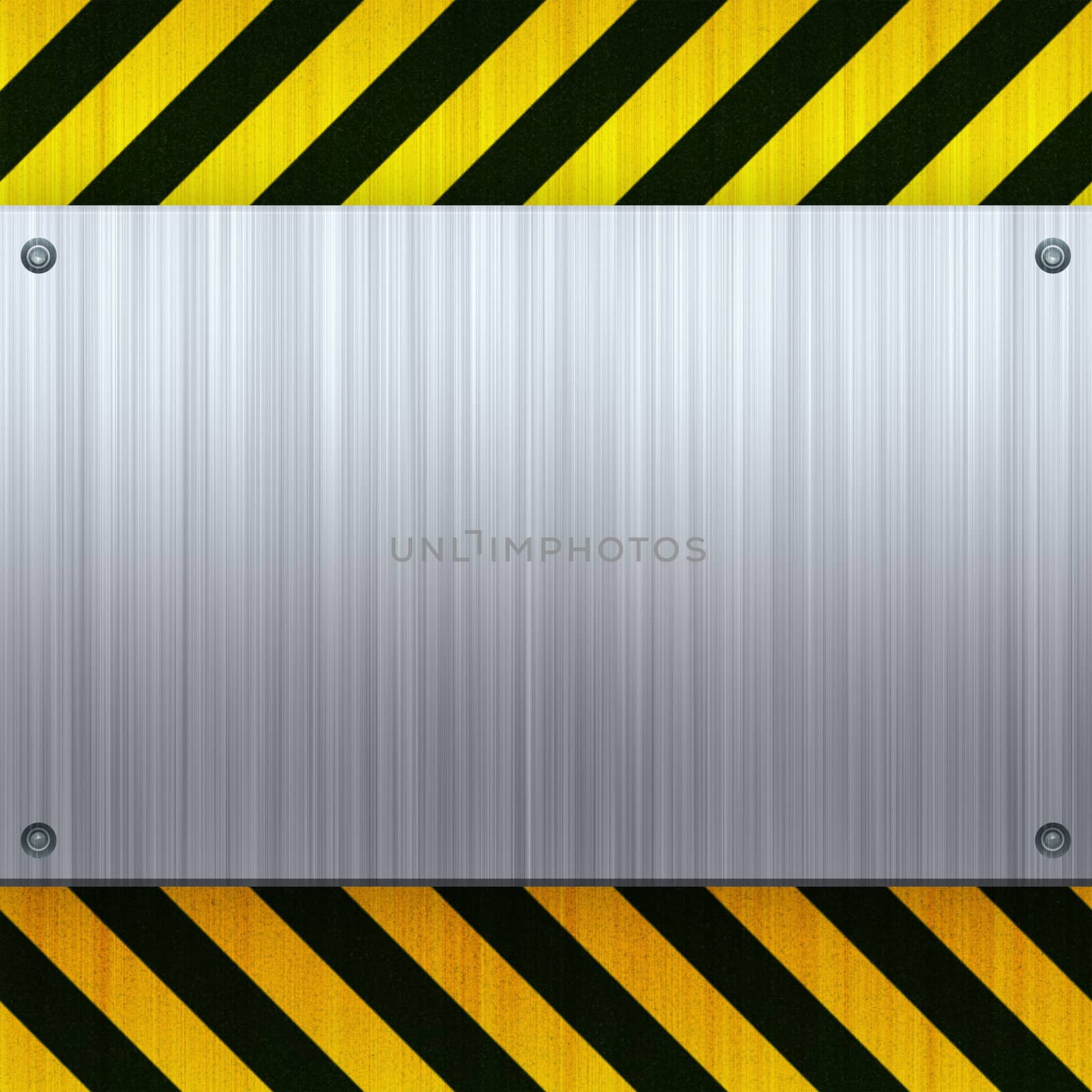 A riveted 3d brushed metal plate on a construction hazard stripes background.