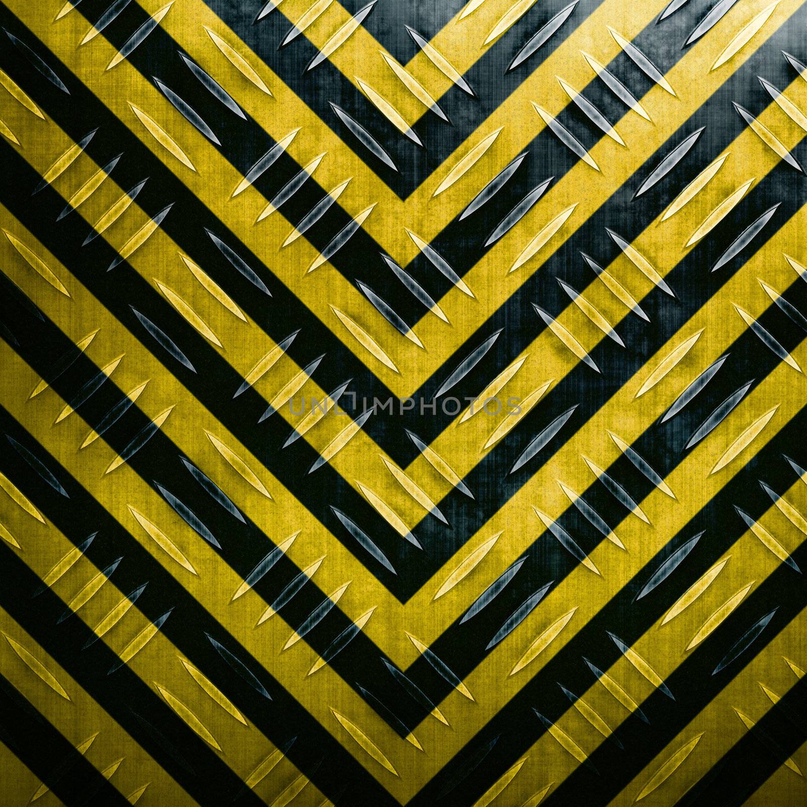 A diamond plate texture with yellow and black hazard stripes paint scheme.  Texture shows wear with the silver showing through.