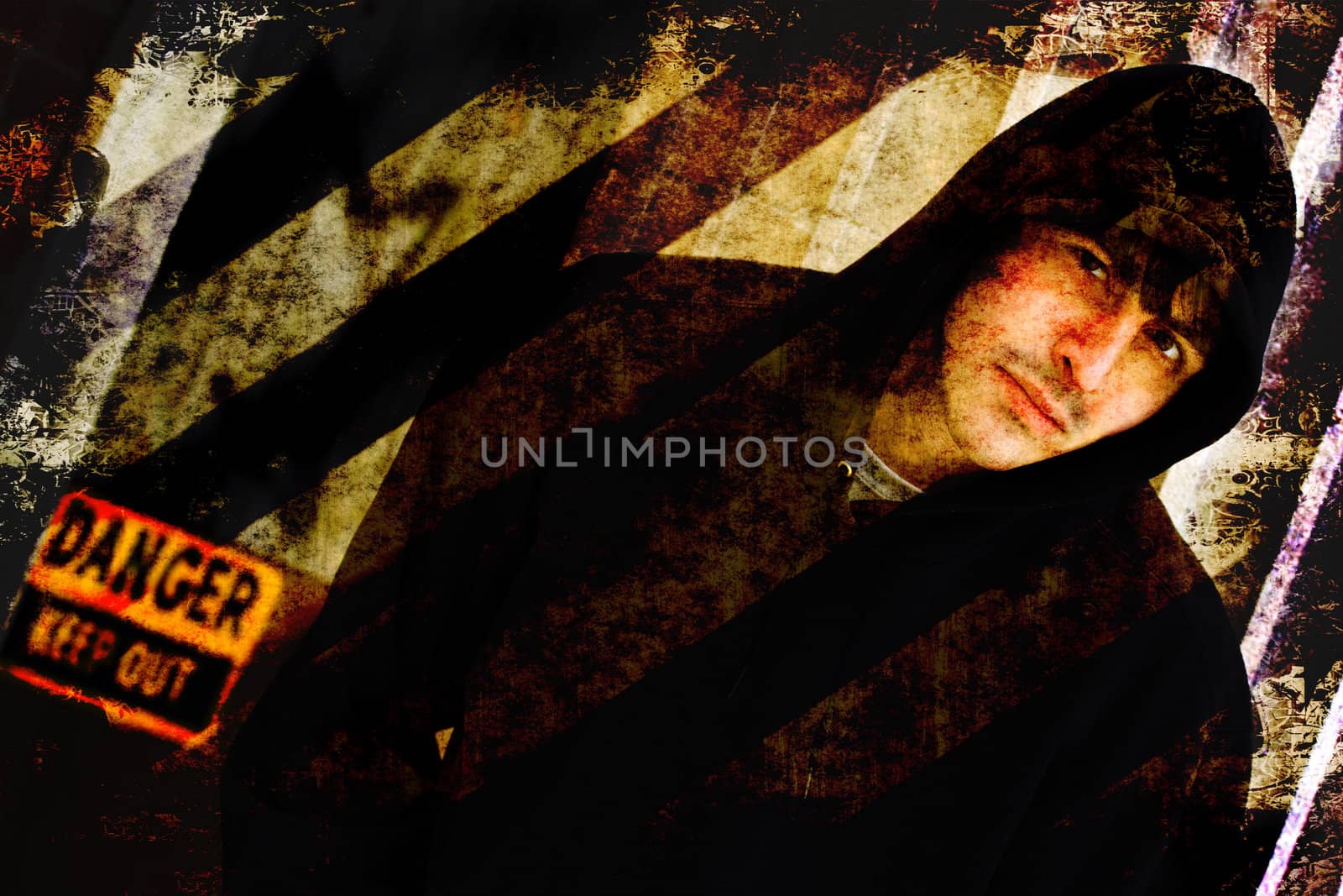 Illustration of a tough looking guy posing in an urban setting with grunge effects.