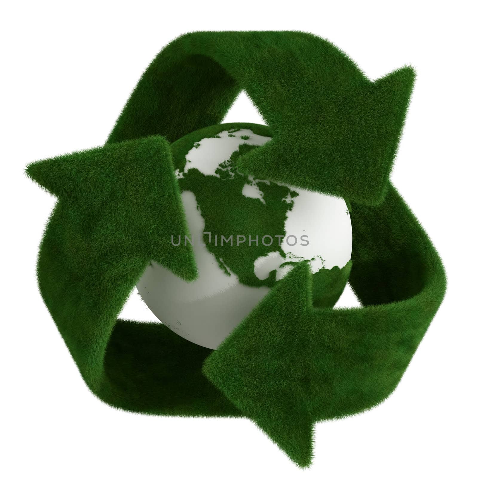 3d rendering of a grass recycle symbol with a grass earth in the center