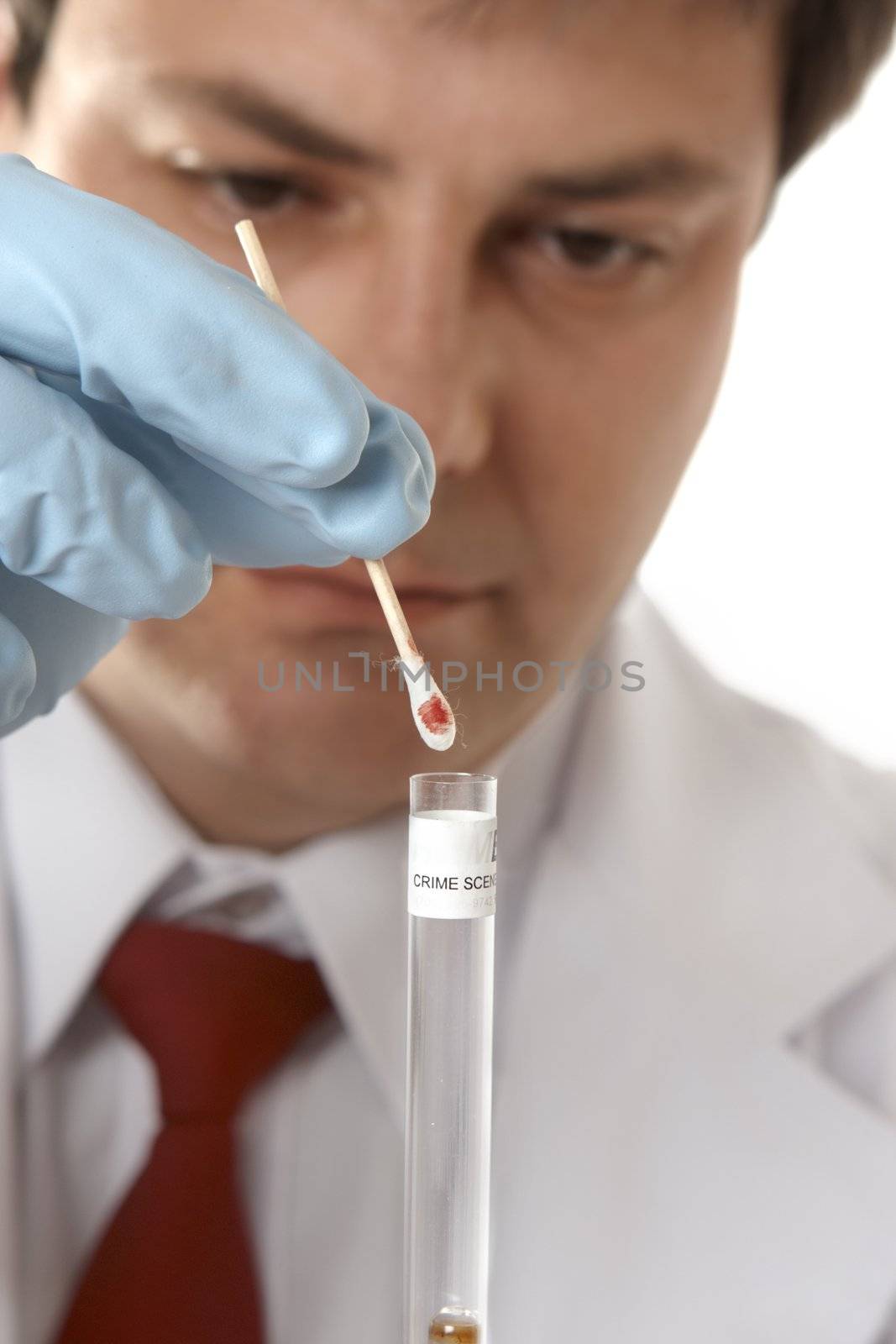 Forensic, scientific or medical expert places a swab into a tube for further testing blood analysis.  Closeup with focus to swab and cylinder.