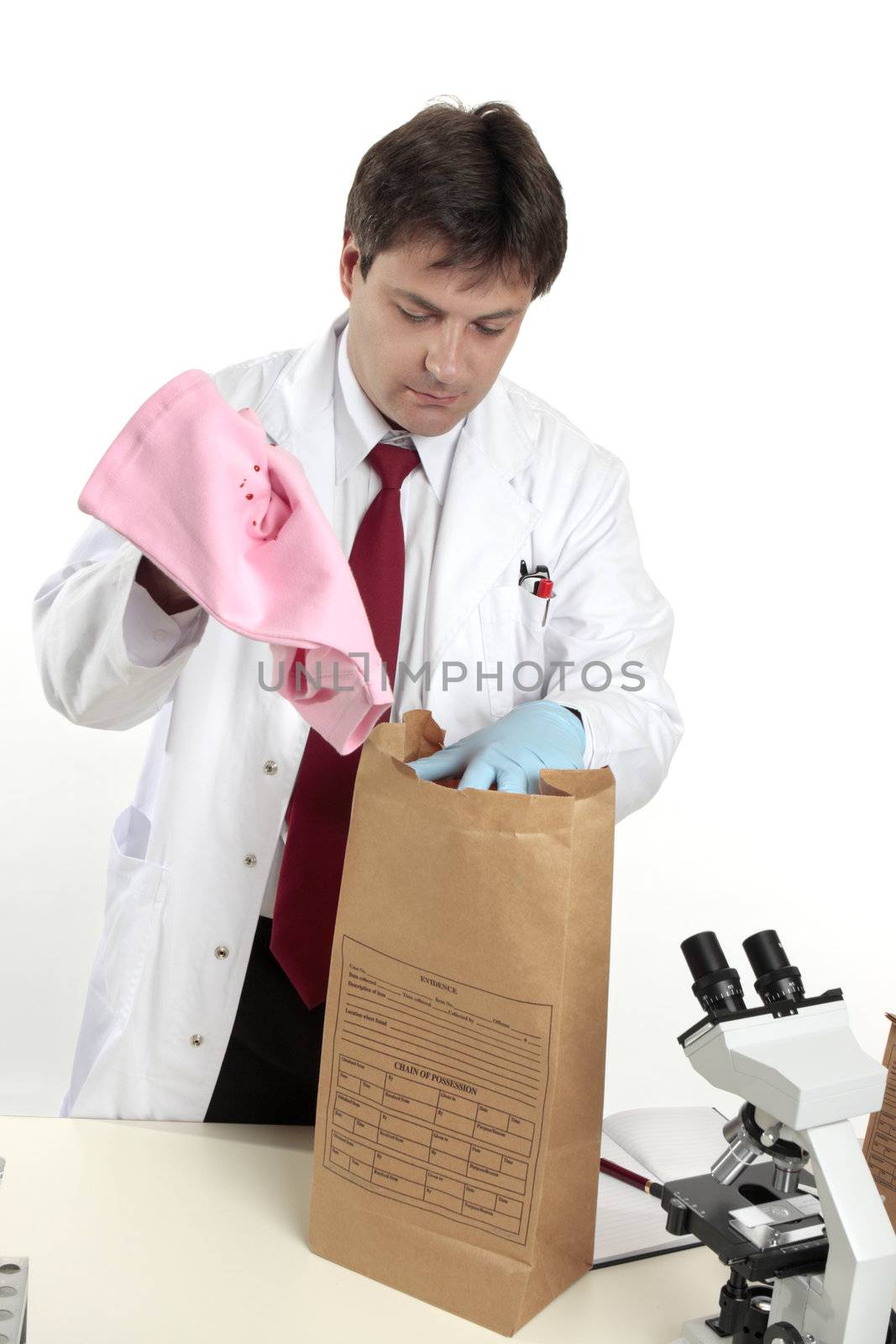 Fbi or crime scene detective dealing with evidence.