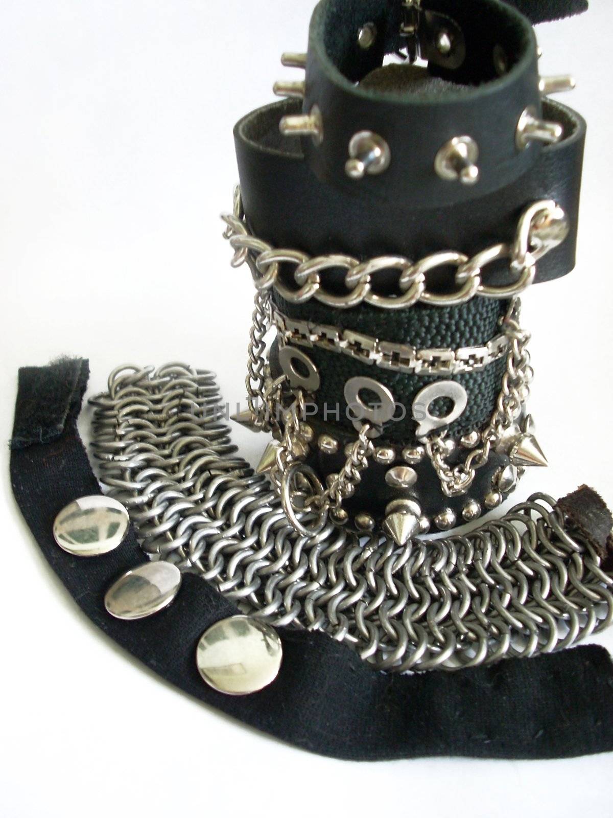Statue of heavy-metal bracelets made from leather and iron