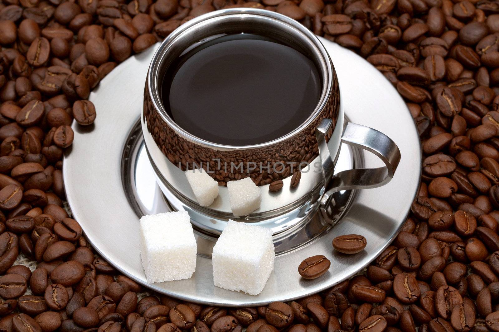 Cup of coffee with lump sugar and beans, coffee series