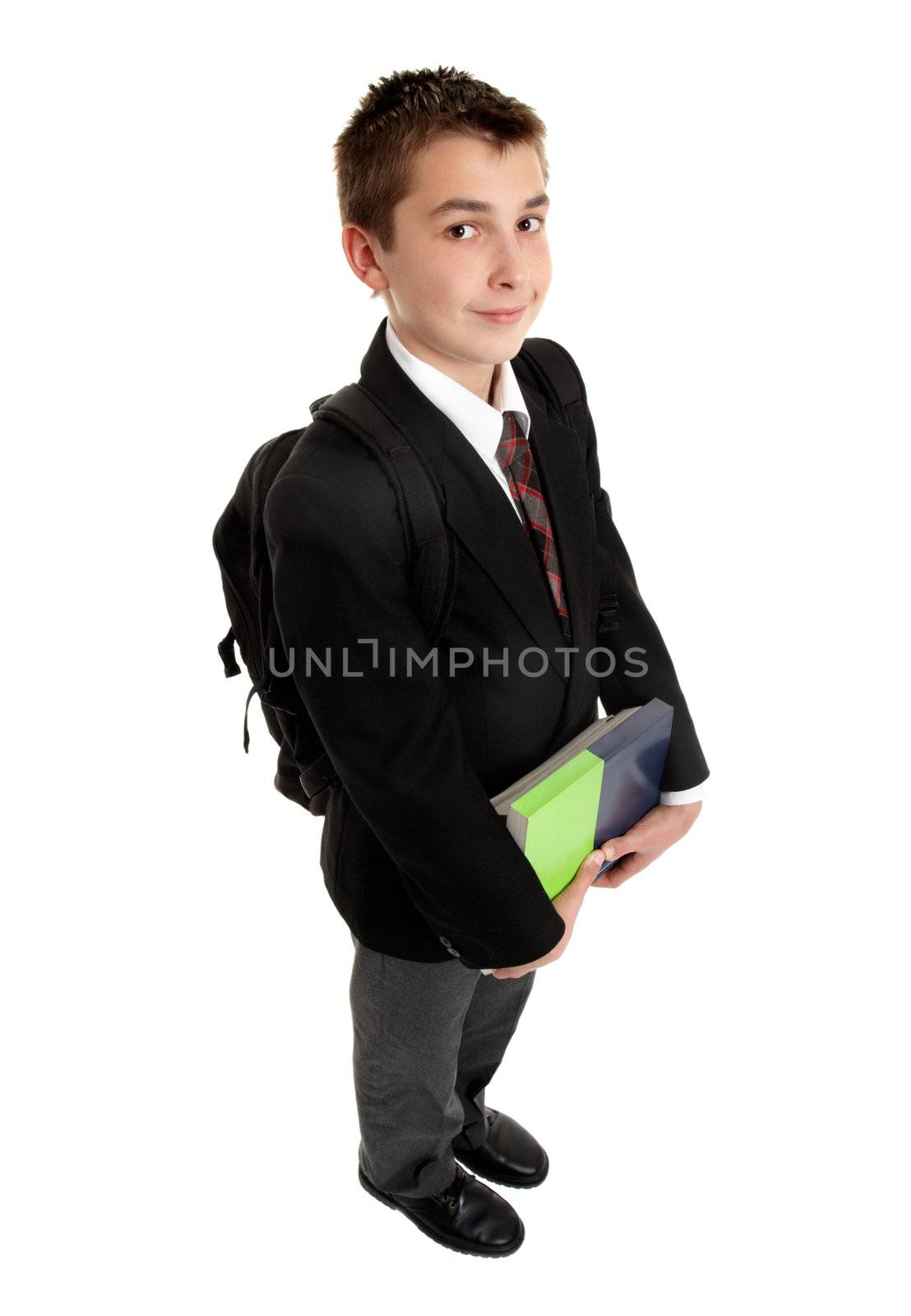 A high school student carrying some textbooks and backpack
