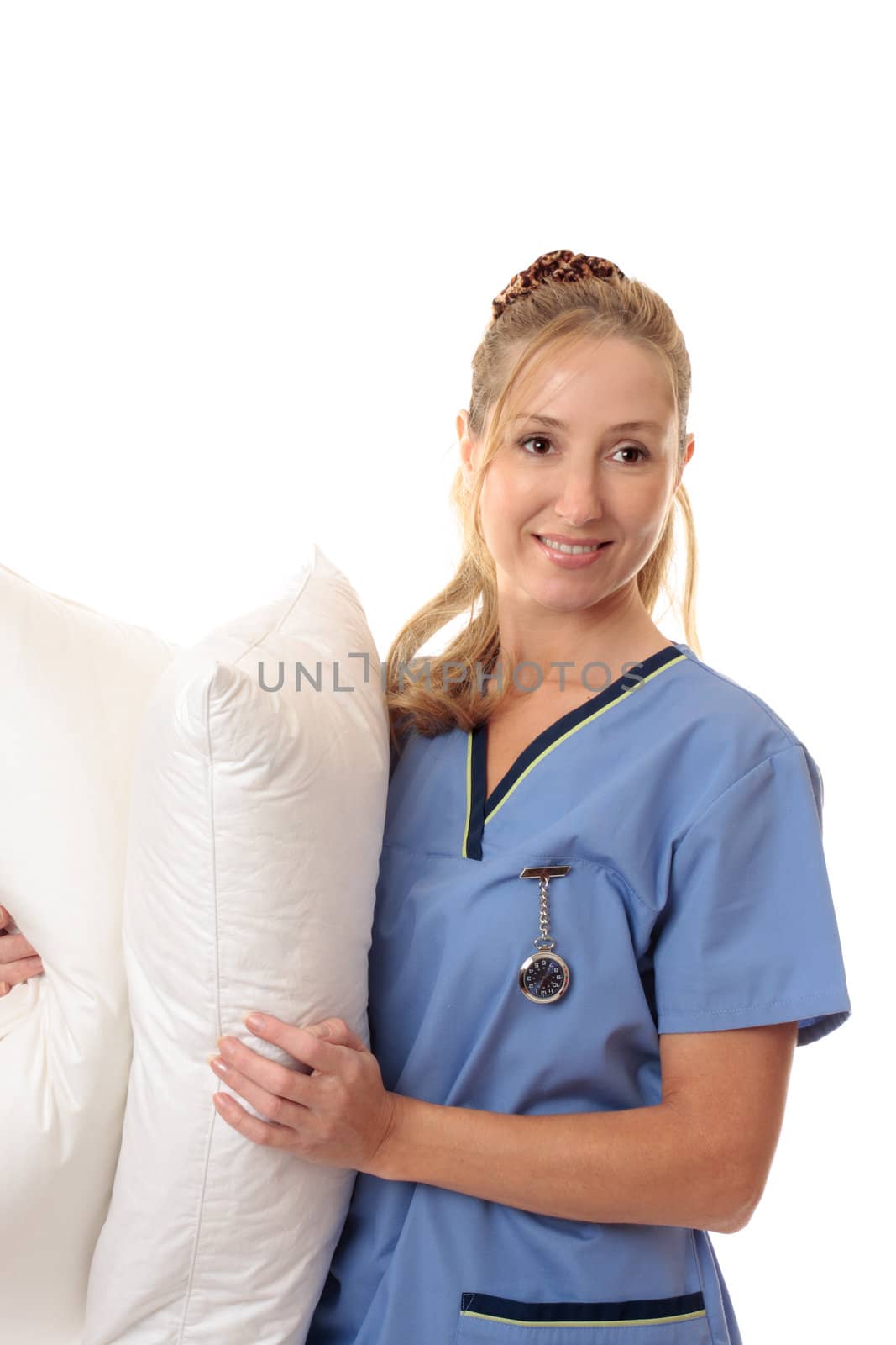 Friendly nurse, or midwife at work.  Space for copy