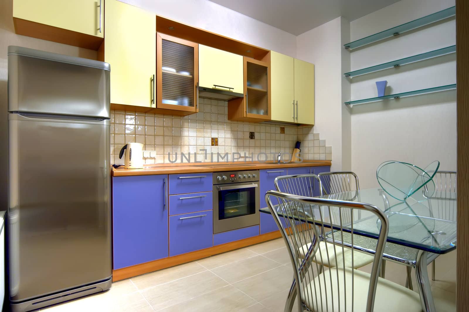 Compact modern kitchen with the built in home appliances