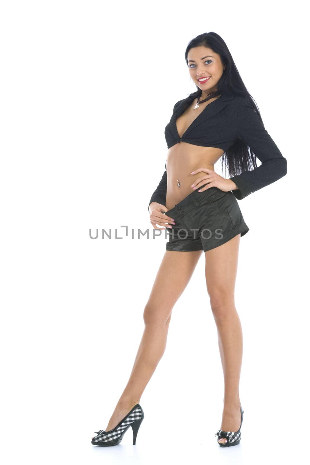 portrait of the brunette with blue eye on white background