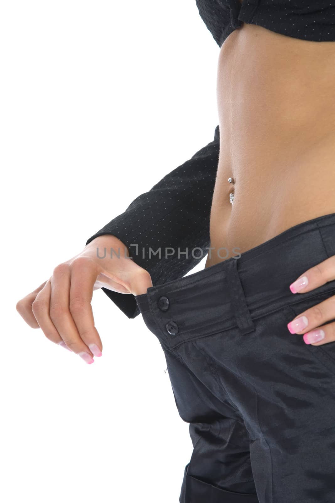 Woman showing how much weight she lost on insulated background