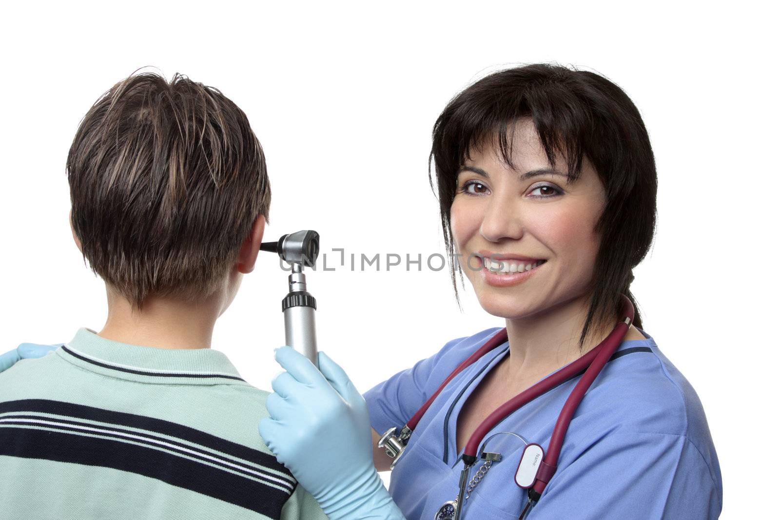 Doctor checking ears with otoscope by lovleah