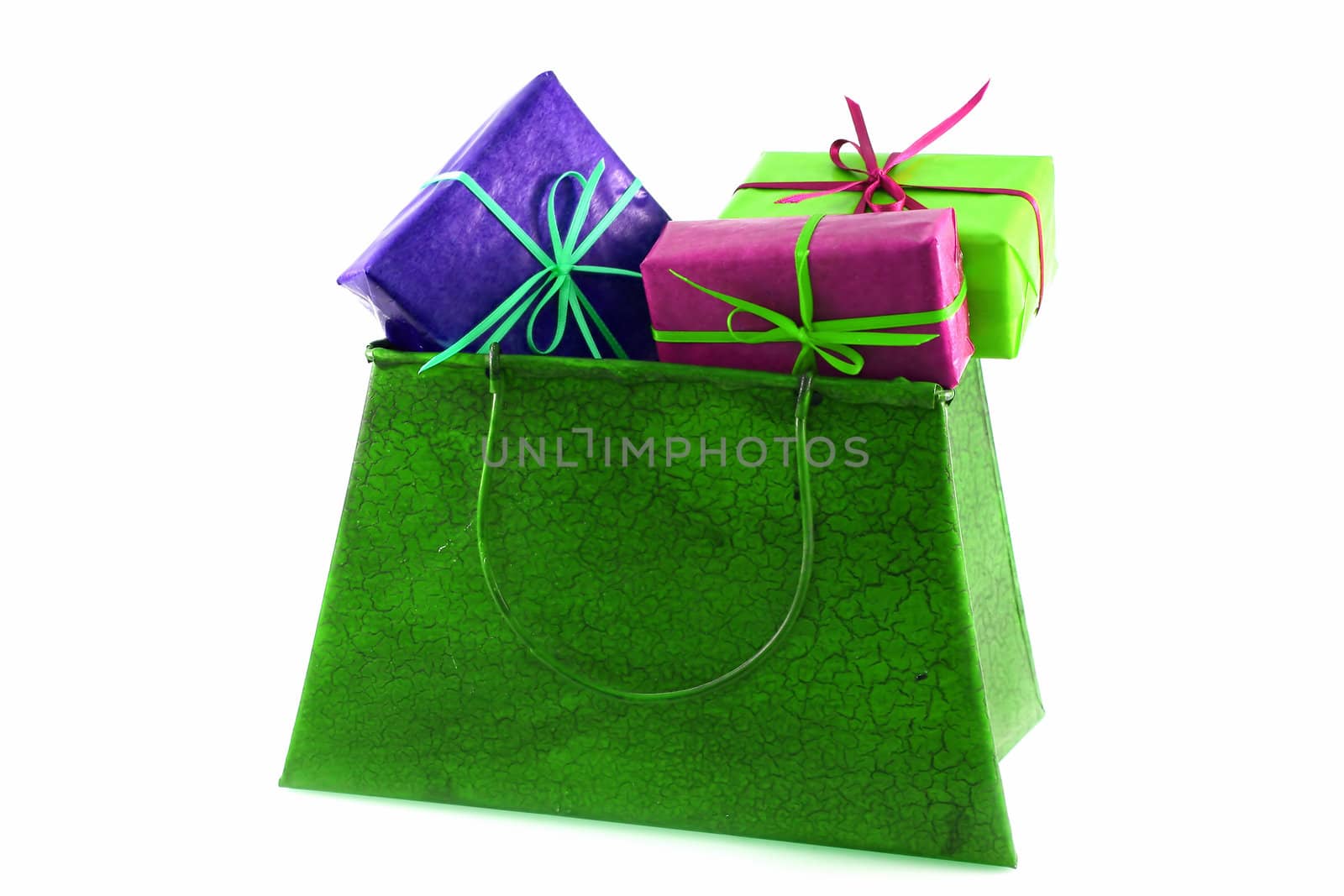 bag with gift boxes isolated on white background 