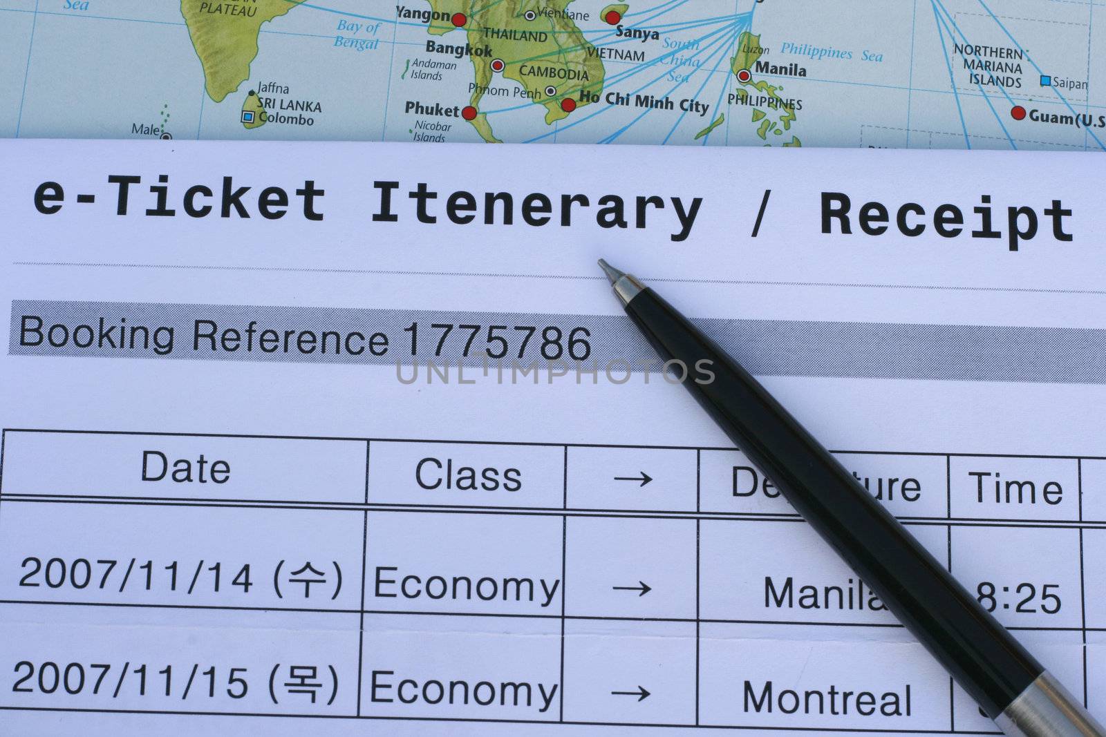 e-Ticket Itenerary in a wold map with pen