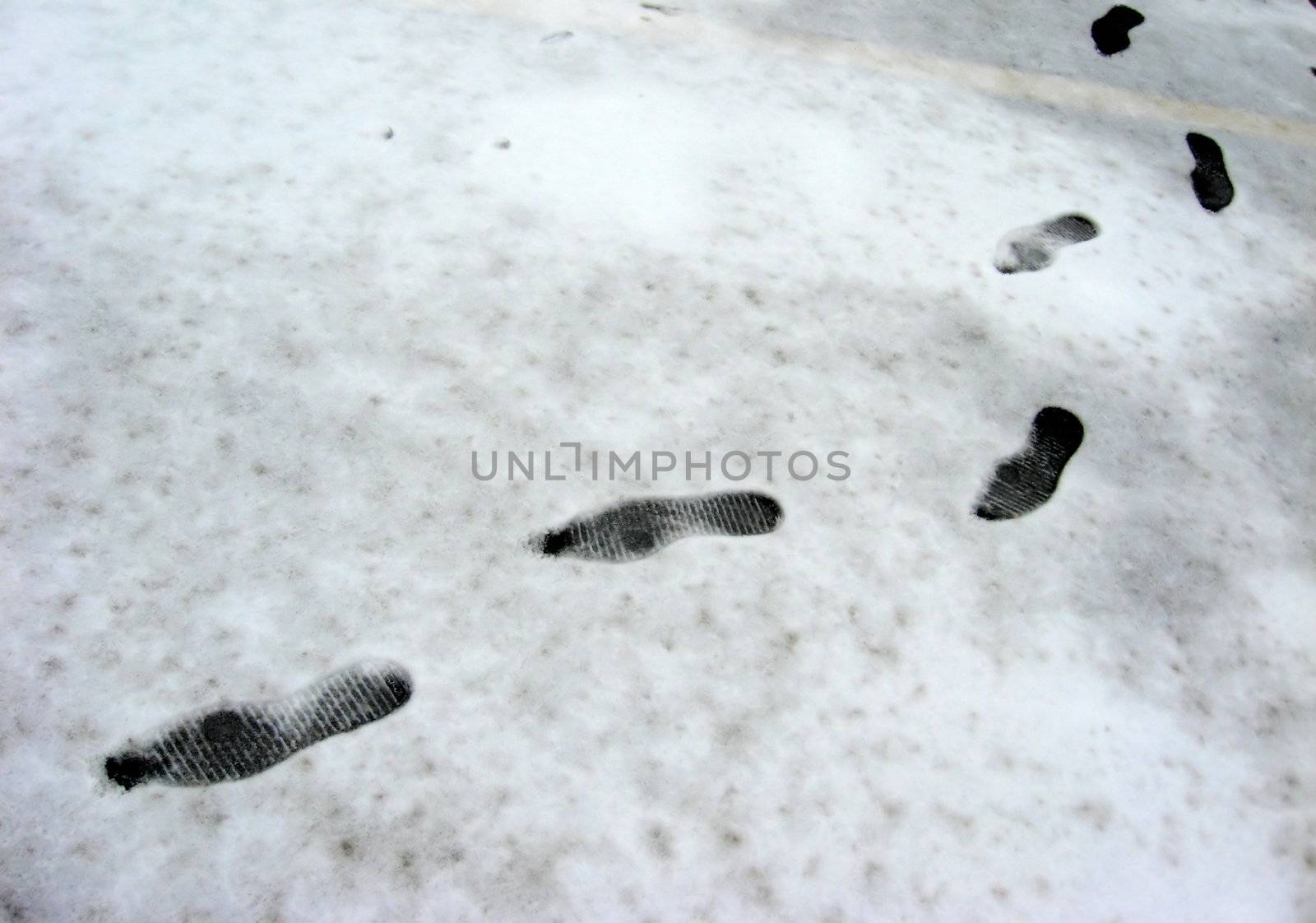 a line of footprints in fresh snow
