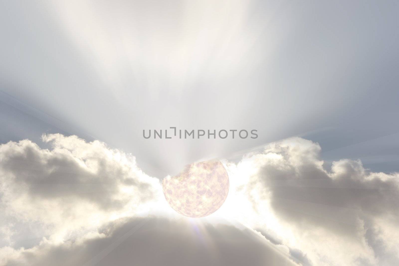 Appearance of Sun Corona and sun beams accentuating through the thick clouds- High resolution and the sun is digital.