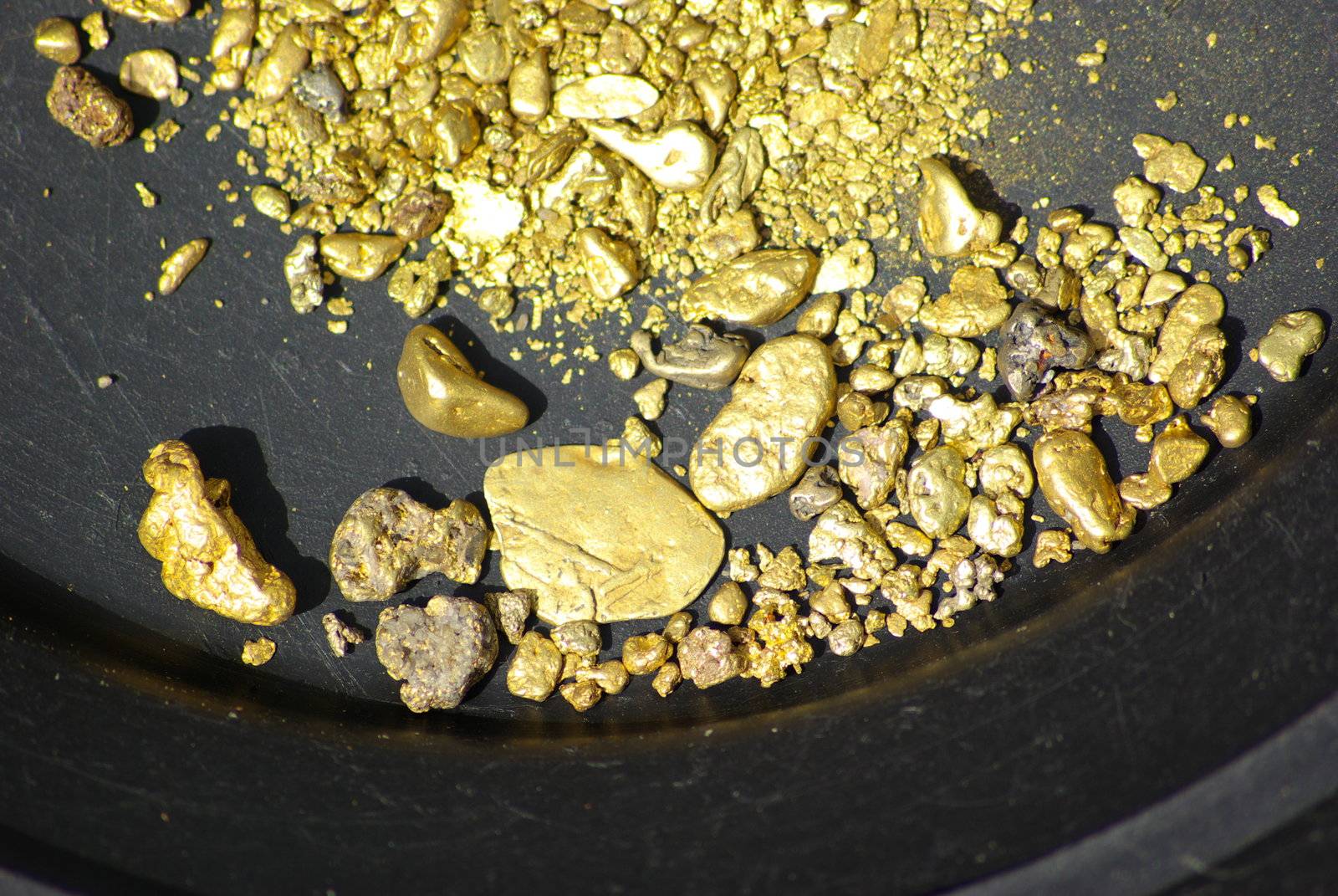 Gold nuggets, flakes and dust mined from the creeks and rivers of california