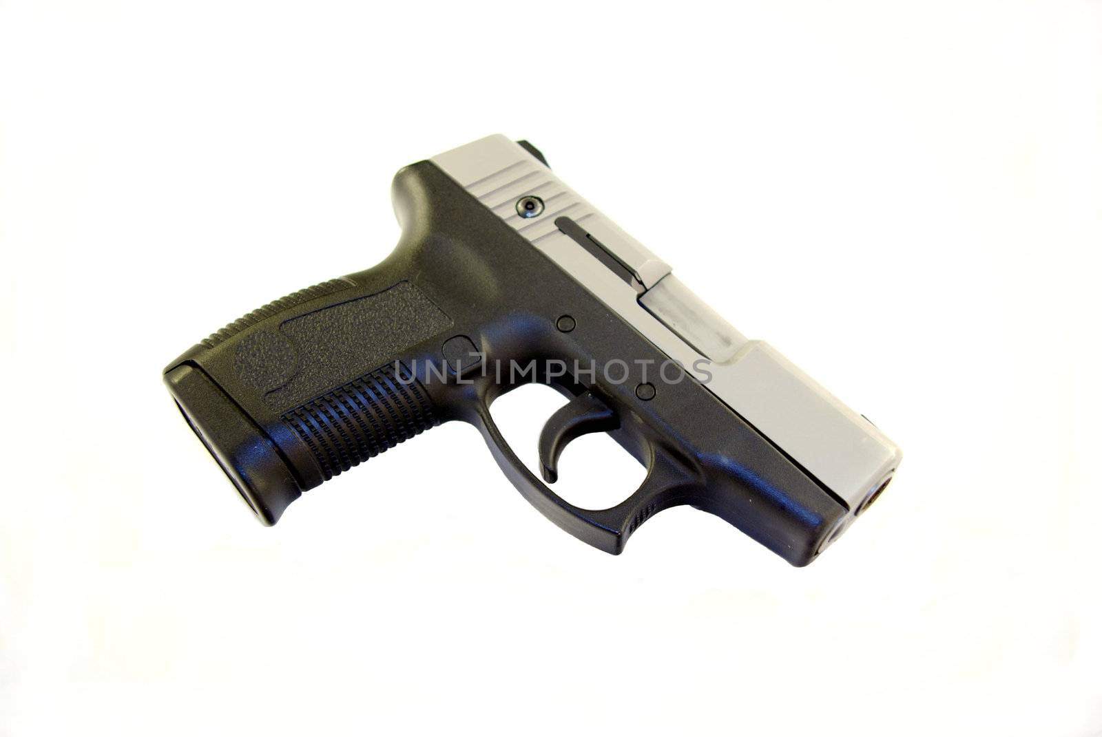 .45 caliber semi-auto pistol, black and stainless steel color on a white bcakground