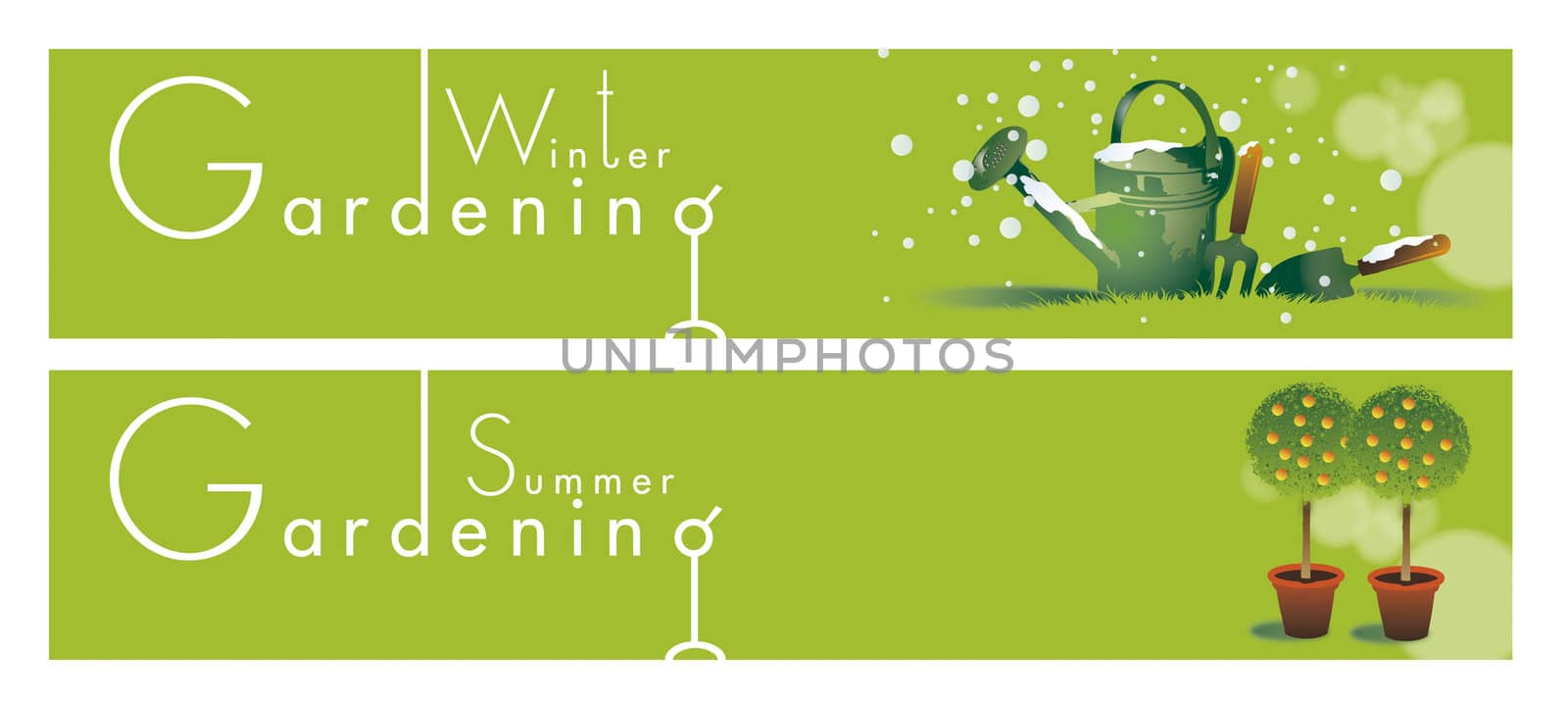 Two horizontal gardening themed banners set on a green background base. Winter and summer themed.