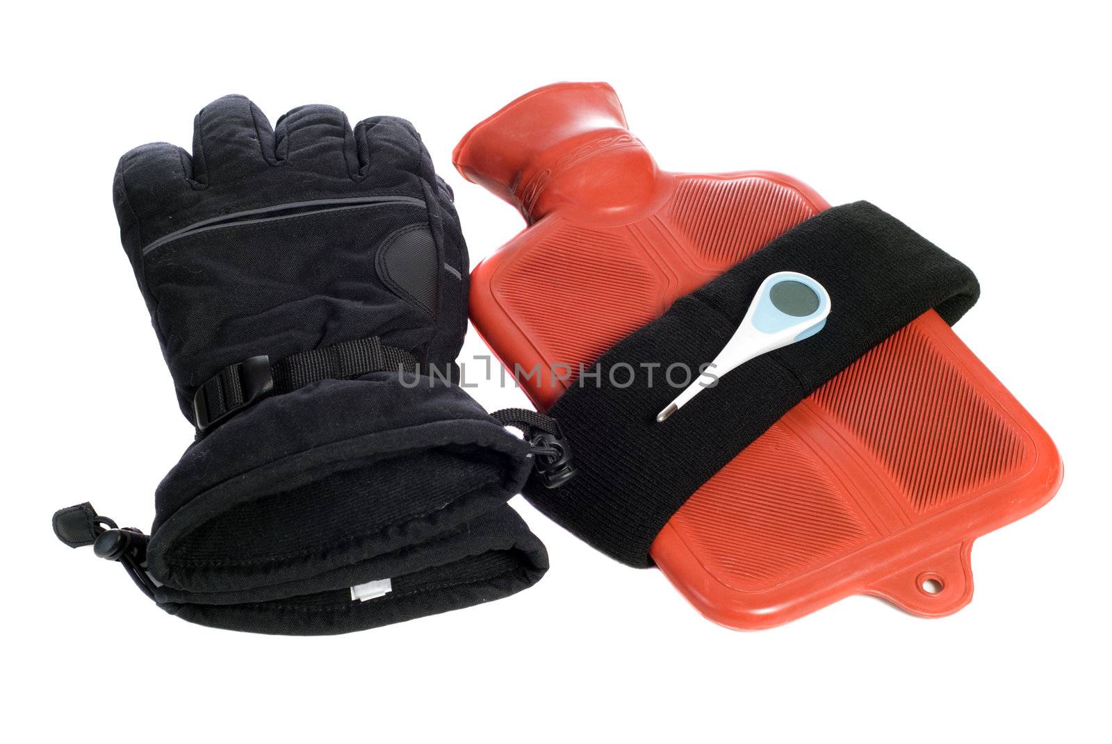 Some common objects that keep a body warm are gloves, a headband, and a hot water bottle, along with a thermometer to check the temp, isolated on white