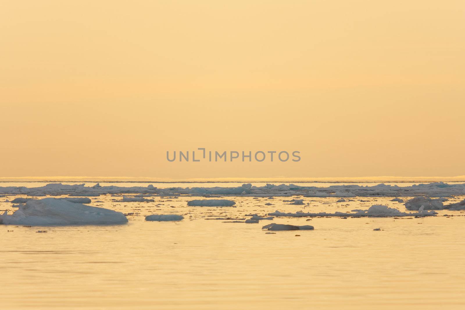 Ice floating in calm sea.  Horizontally framed shot.