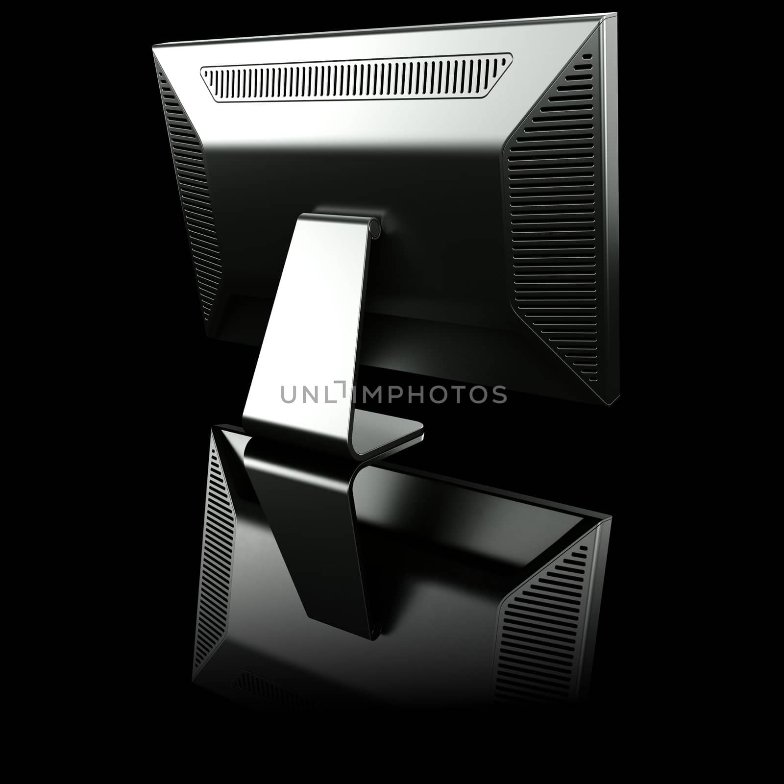 3d rendering of a aluminum monitor on black reflective ground seen from the backside