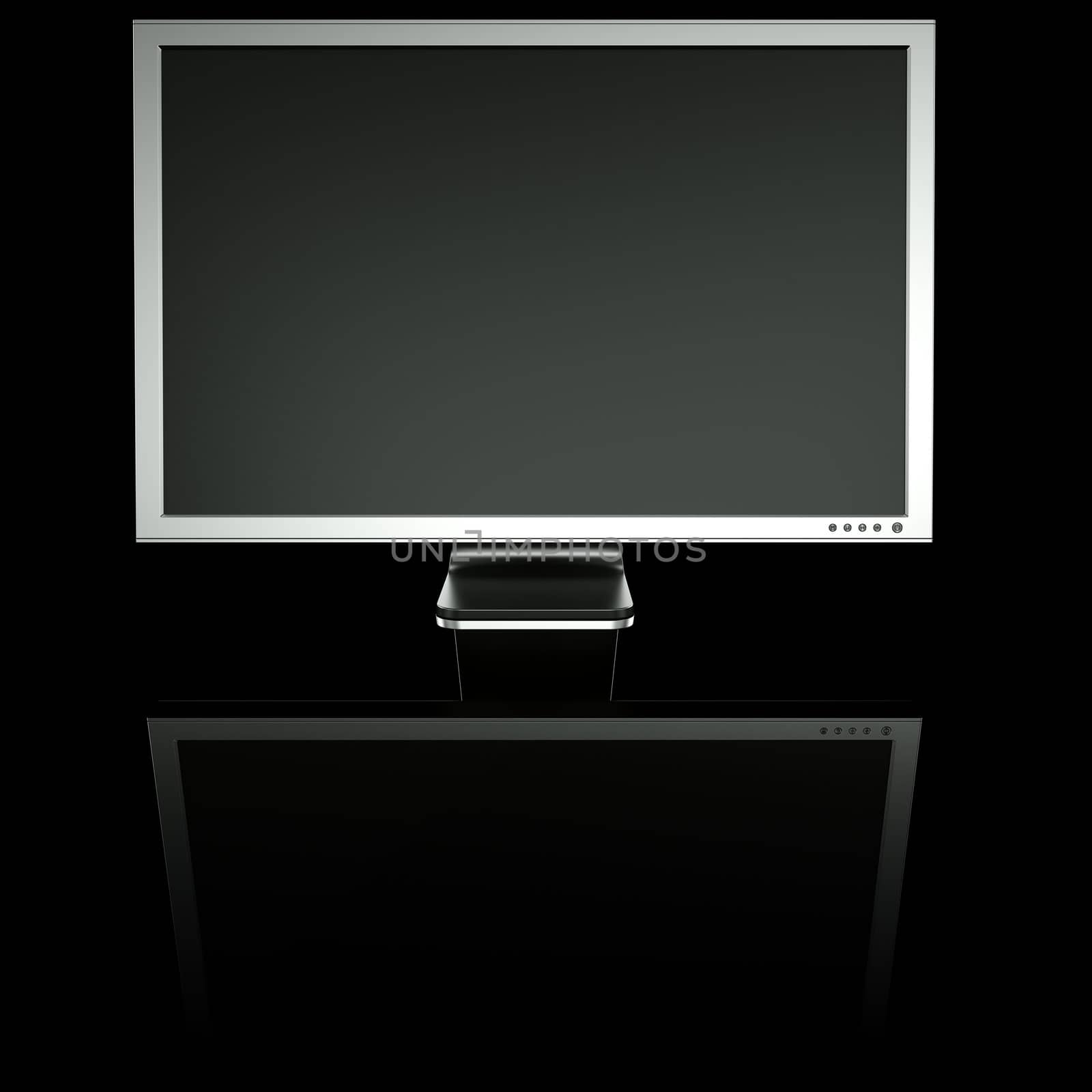 3d rendering of an aluminum monitor on black reflective ground