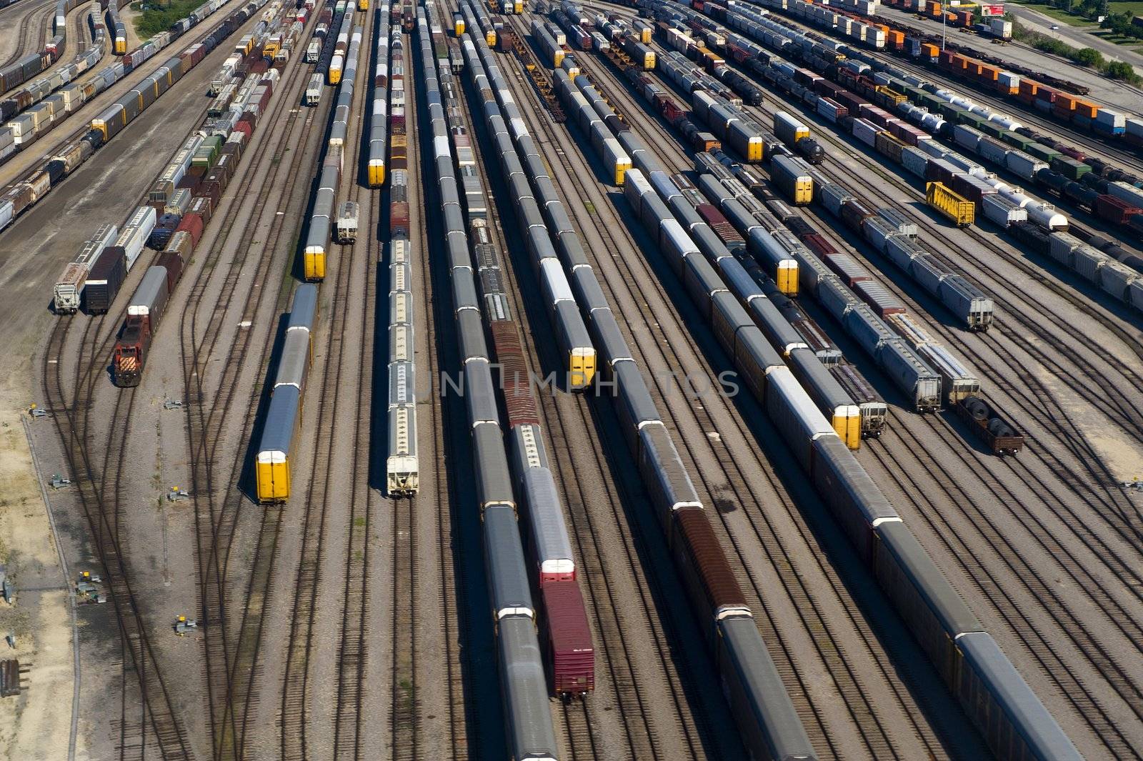 Image of an aerial view of many train cars on tracks