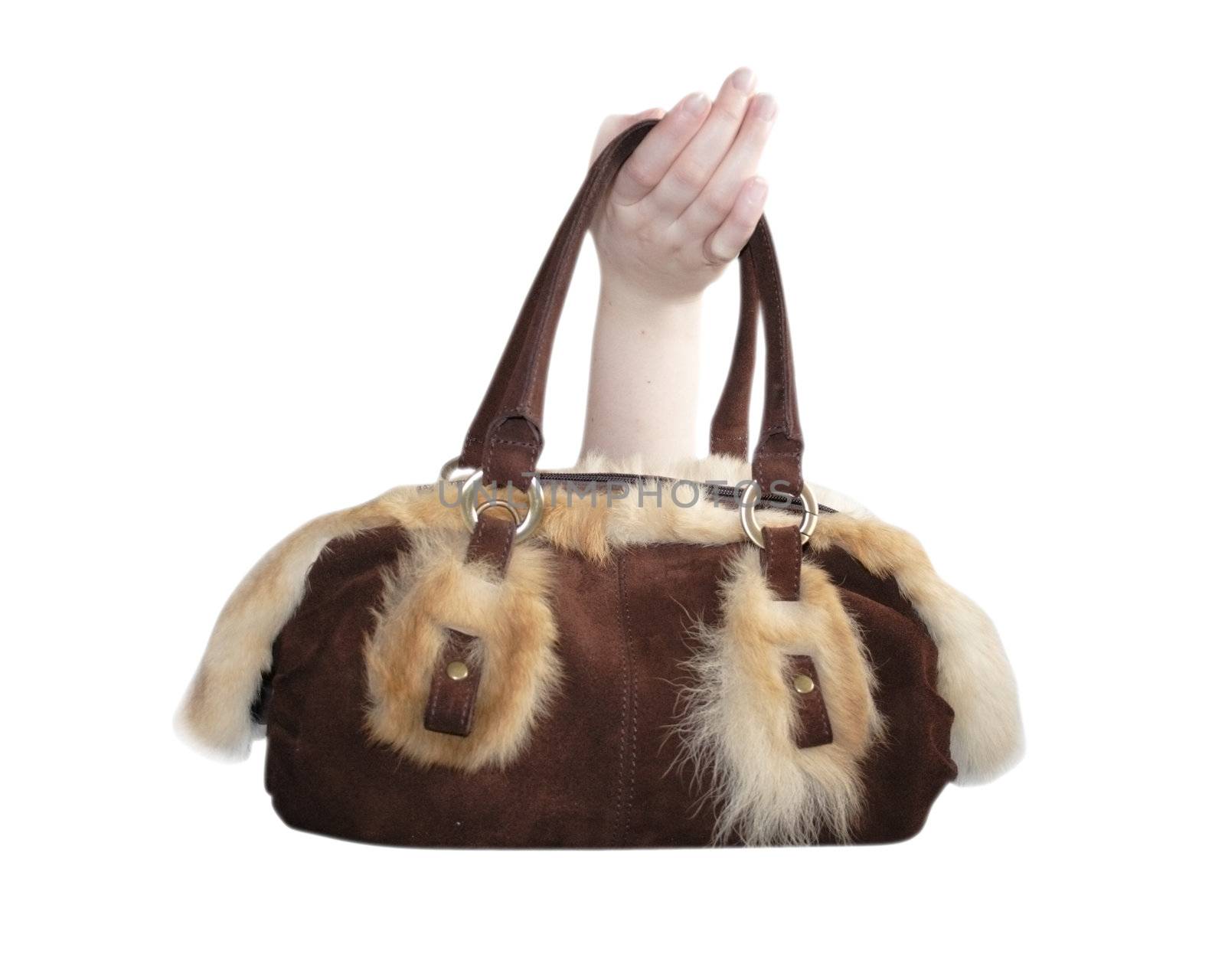 Female bag in a hand, leather bag with fur inserts