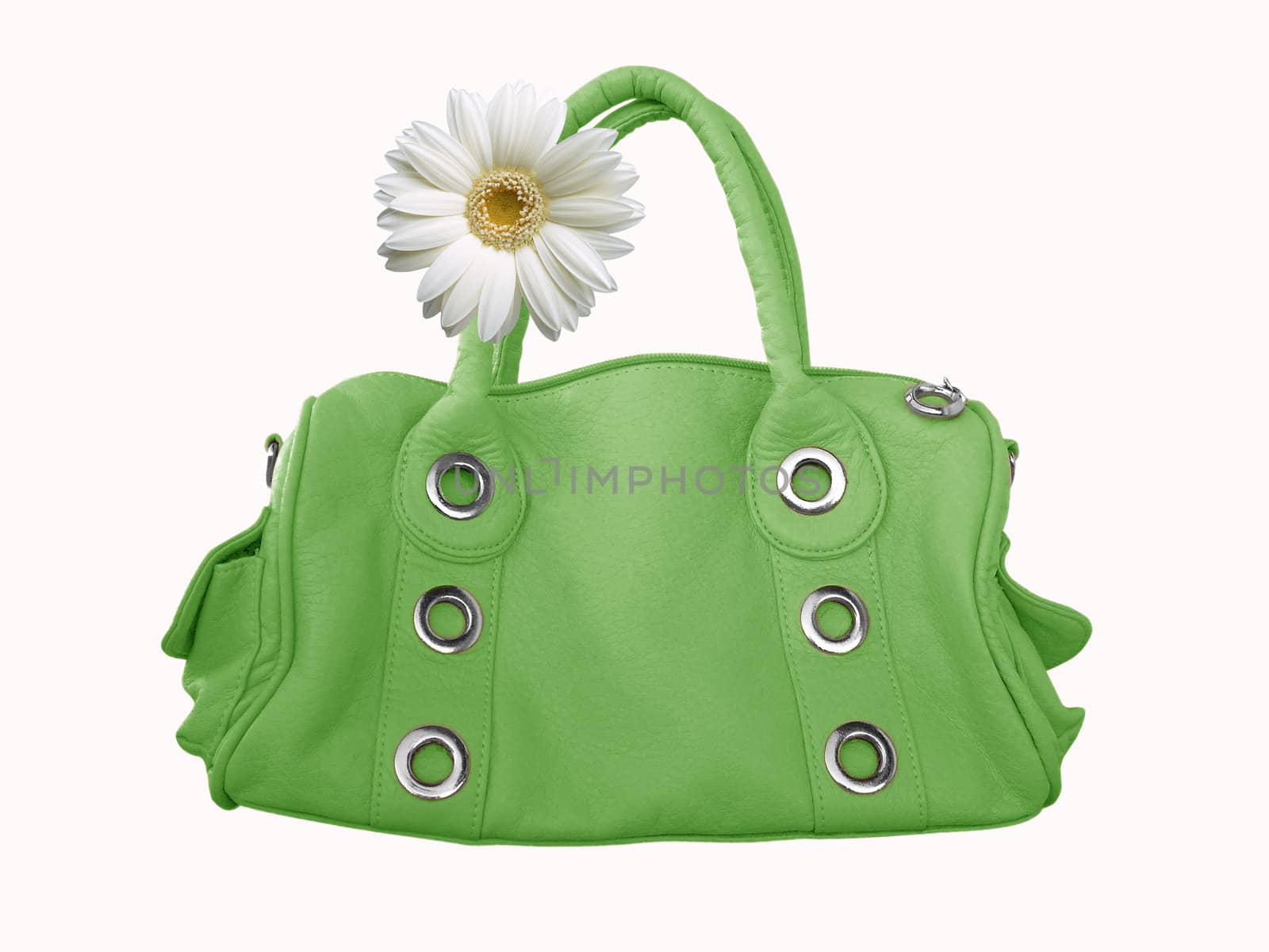 Modern green female bag on a white background  with flower