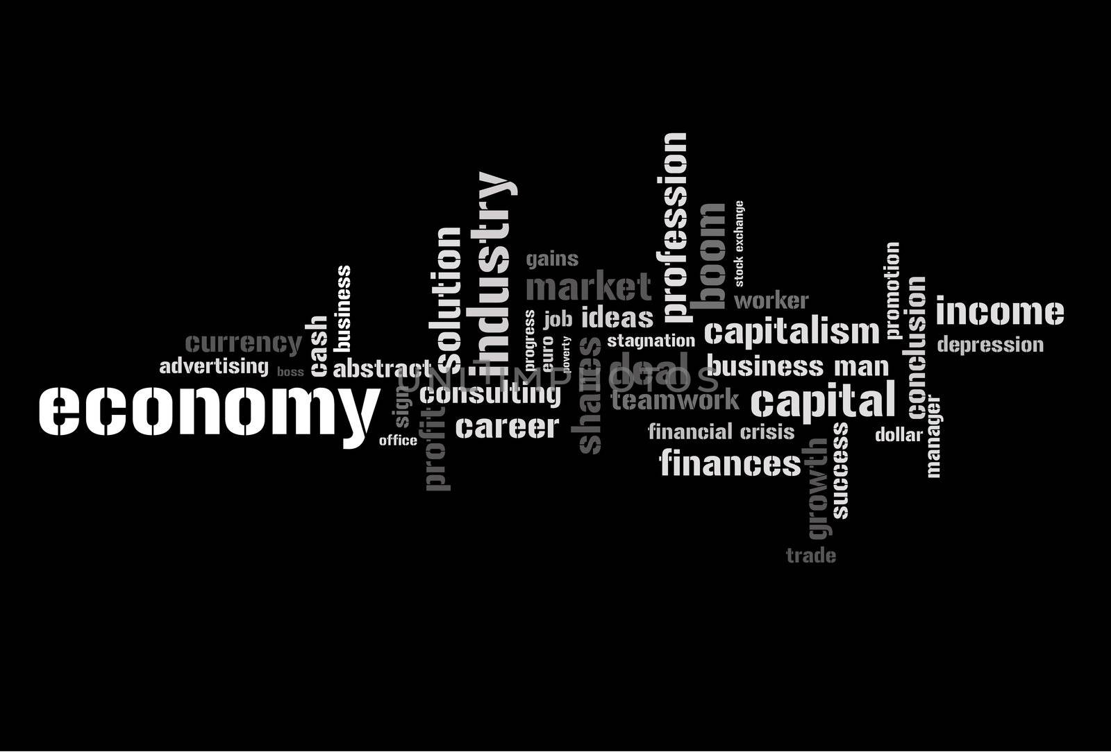 Illustration with different economic terms in black and white