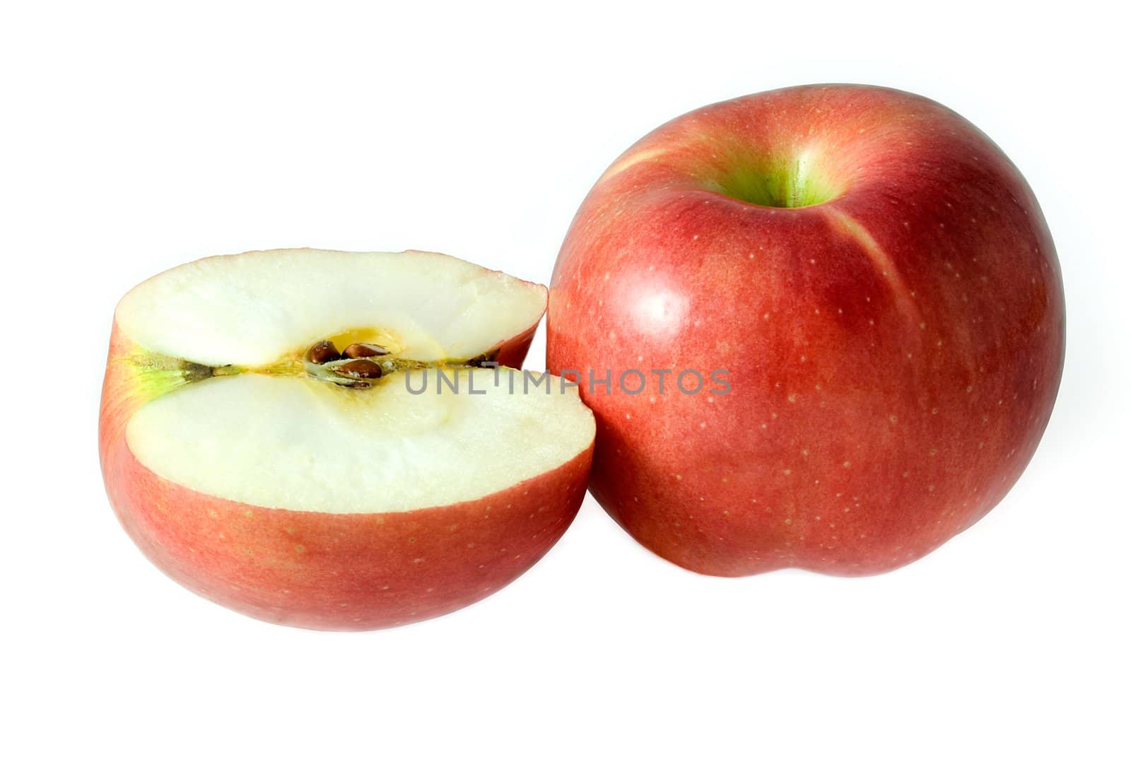 Two red apples are photographed on a white background