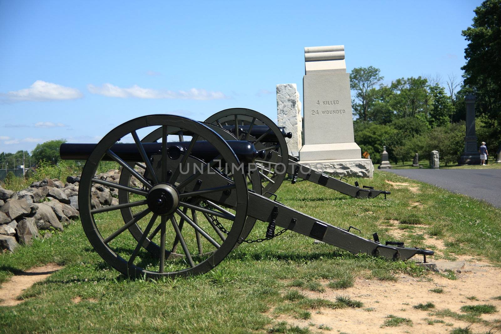 Monument and cannon on Cemetery Ridge overlook battle site at Gettysburg National Military Park