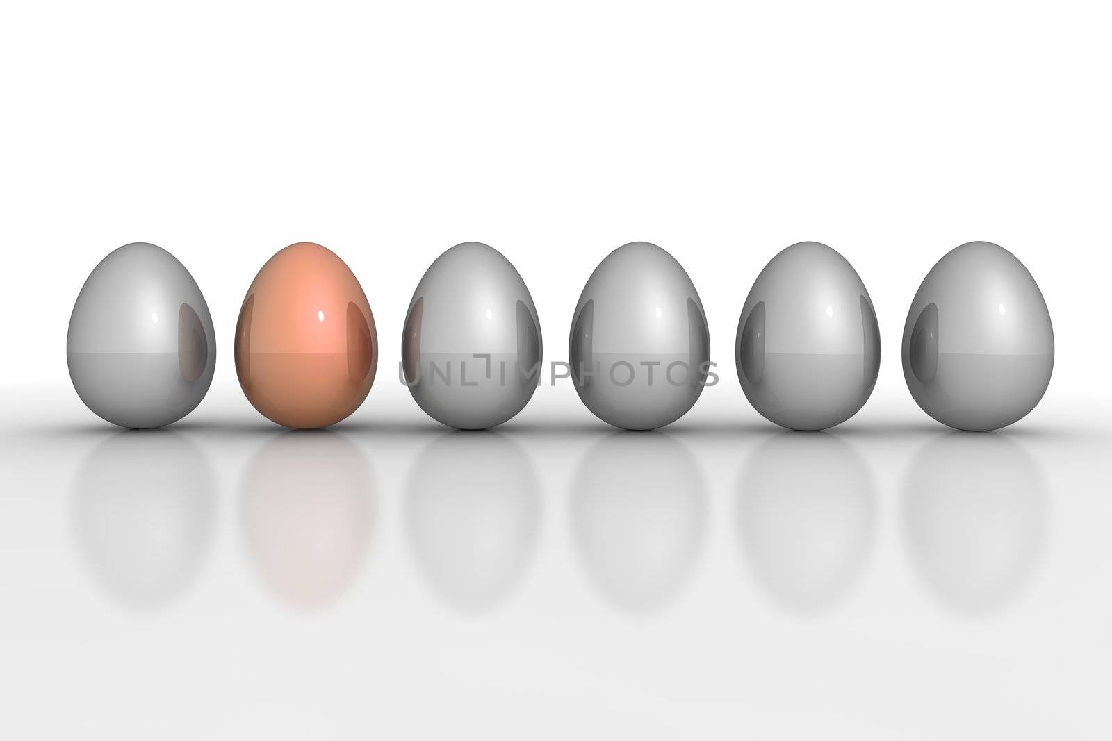 six metallic eggs ordered in a line - five eggs grey, one egg bronze