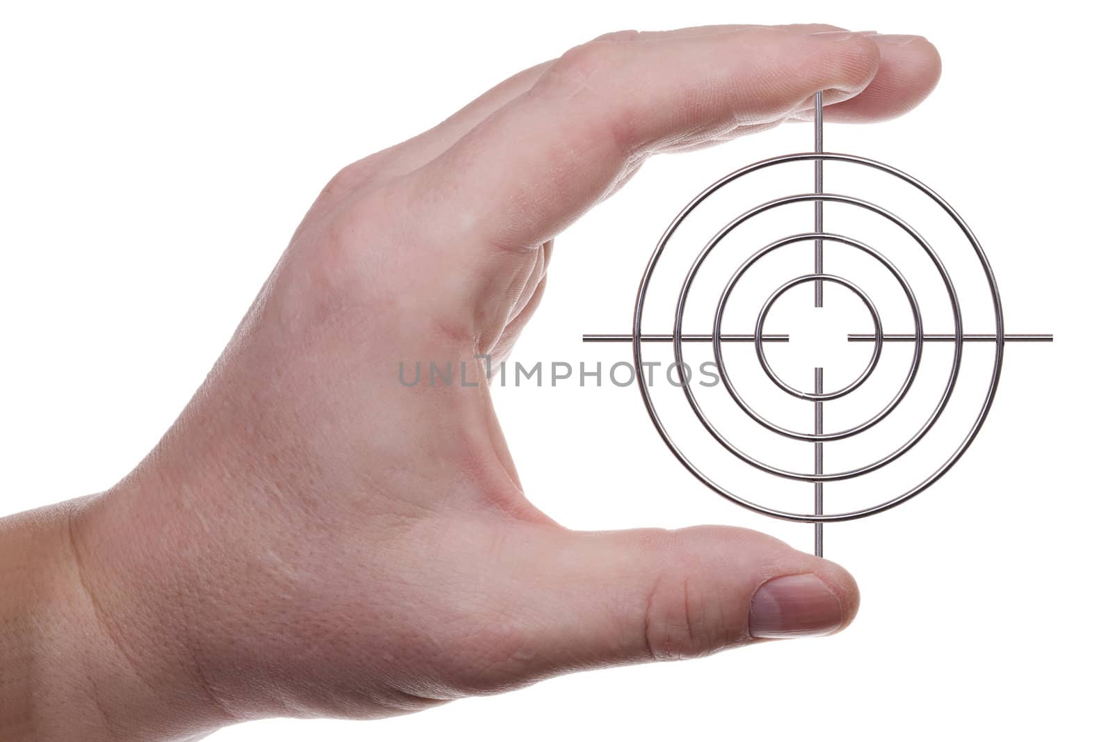 Man's hand holds a target. Isolated on white [with clipping path].