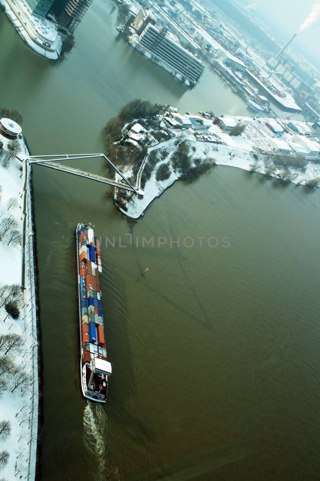 Panorama with cargo barge floating on the river Rhine in Dusseldorf 