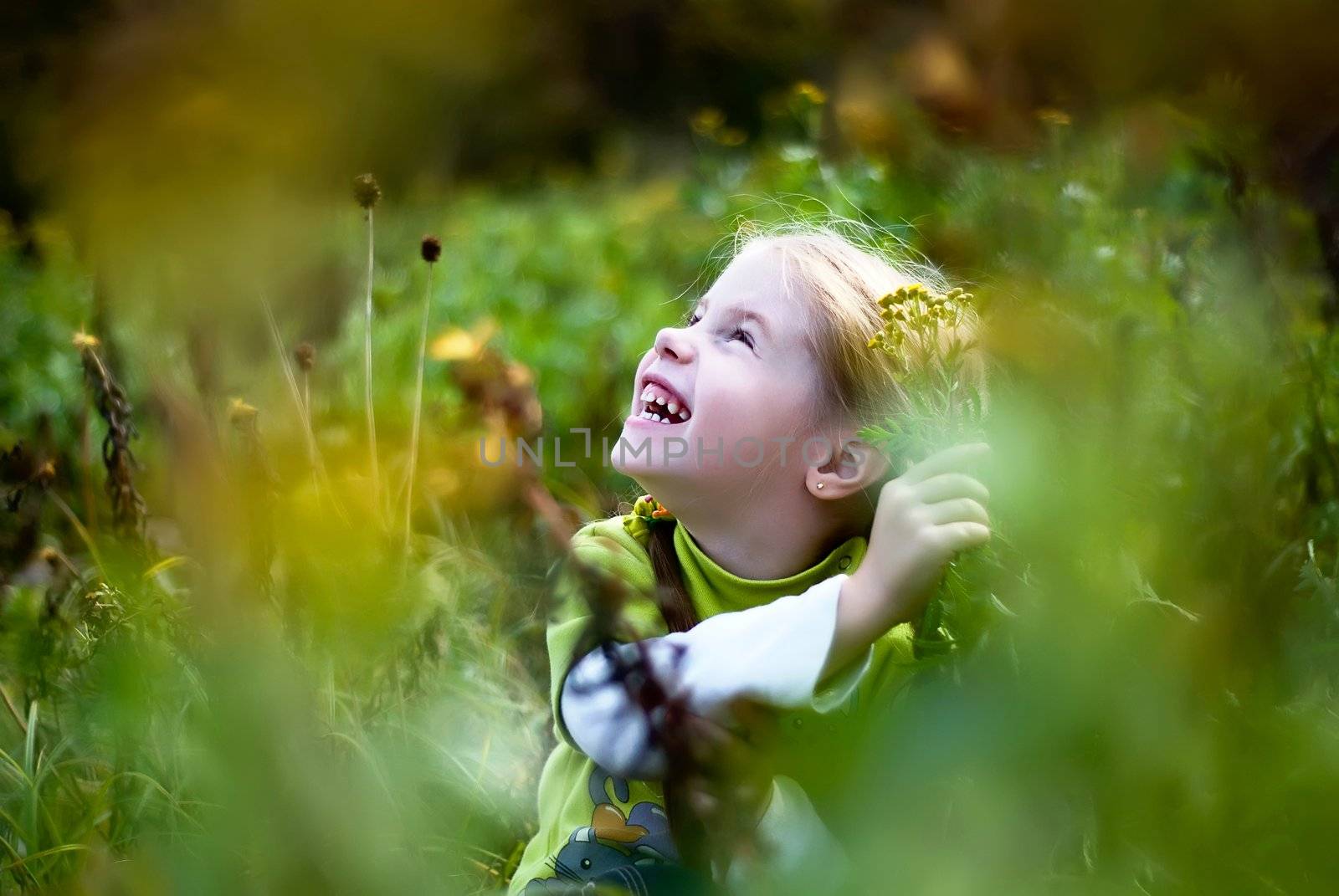laughing little girl in the meadow through the grass
