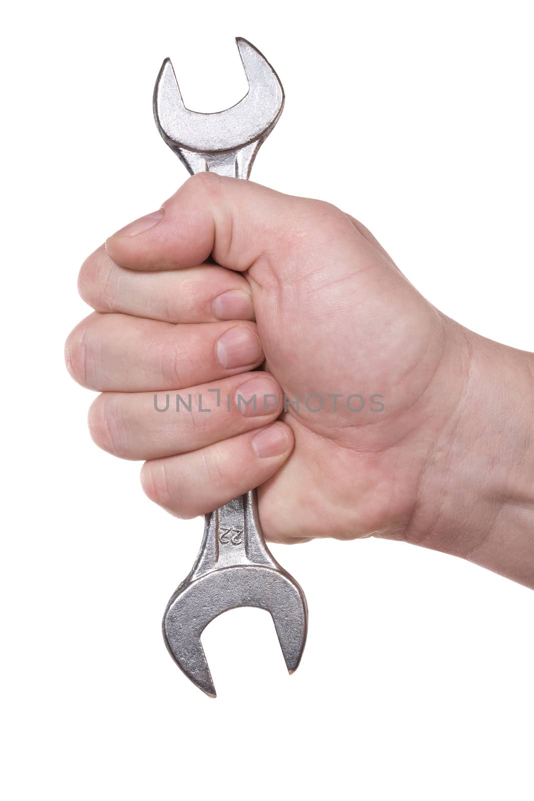 The hand holds wrench. Isolated on white [with clipping path].