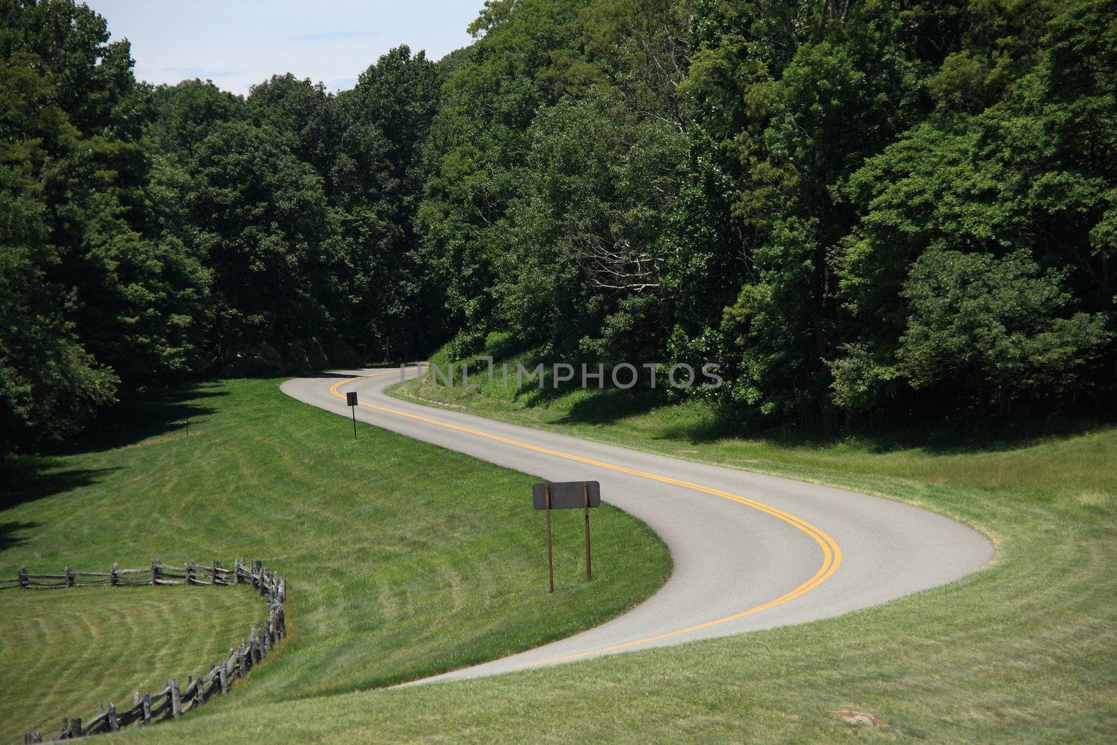 A winding road through Virginia's scenic Blue Ridge Mountains.