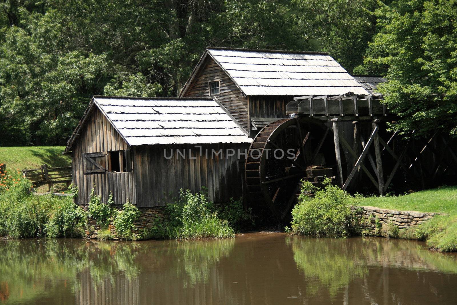Historic grist mill found along scenic byway in Blue Ridge Mountains.