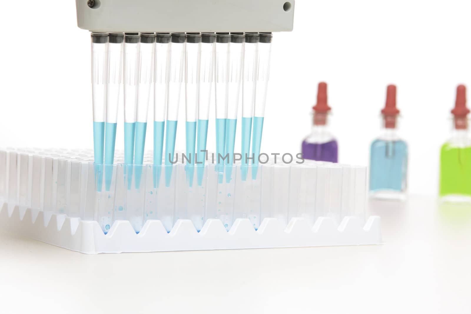 Pipette releases a programmed amount of fluid into laboratory cuvettes.  Focus to foreground 