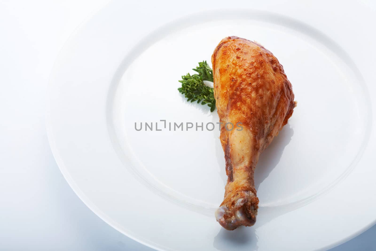 Closeup picture of roasted chicken leg on the white plate.