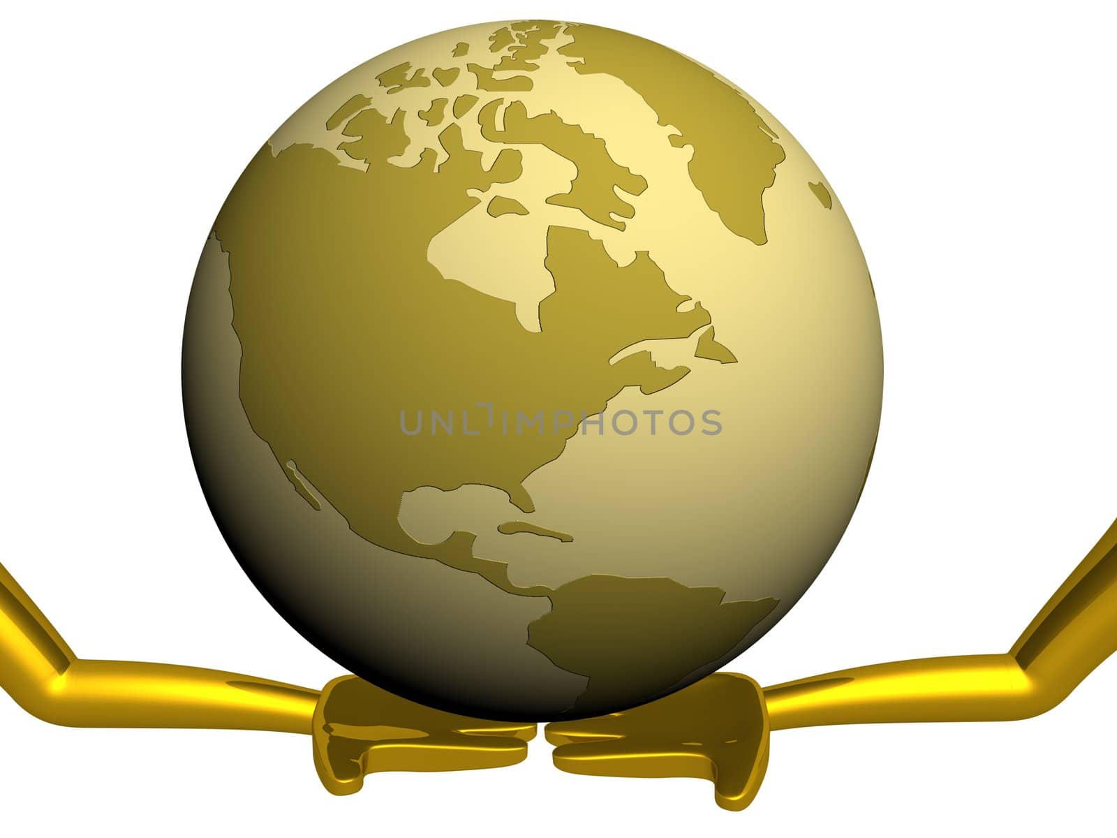 Globe laying on the extended hands. 3D image.