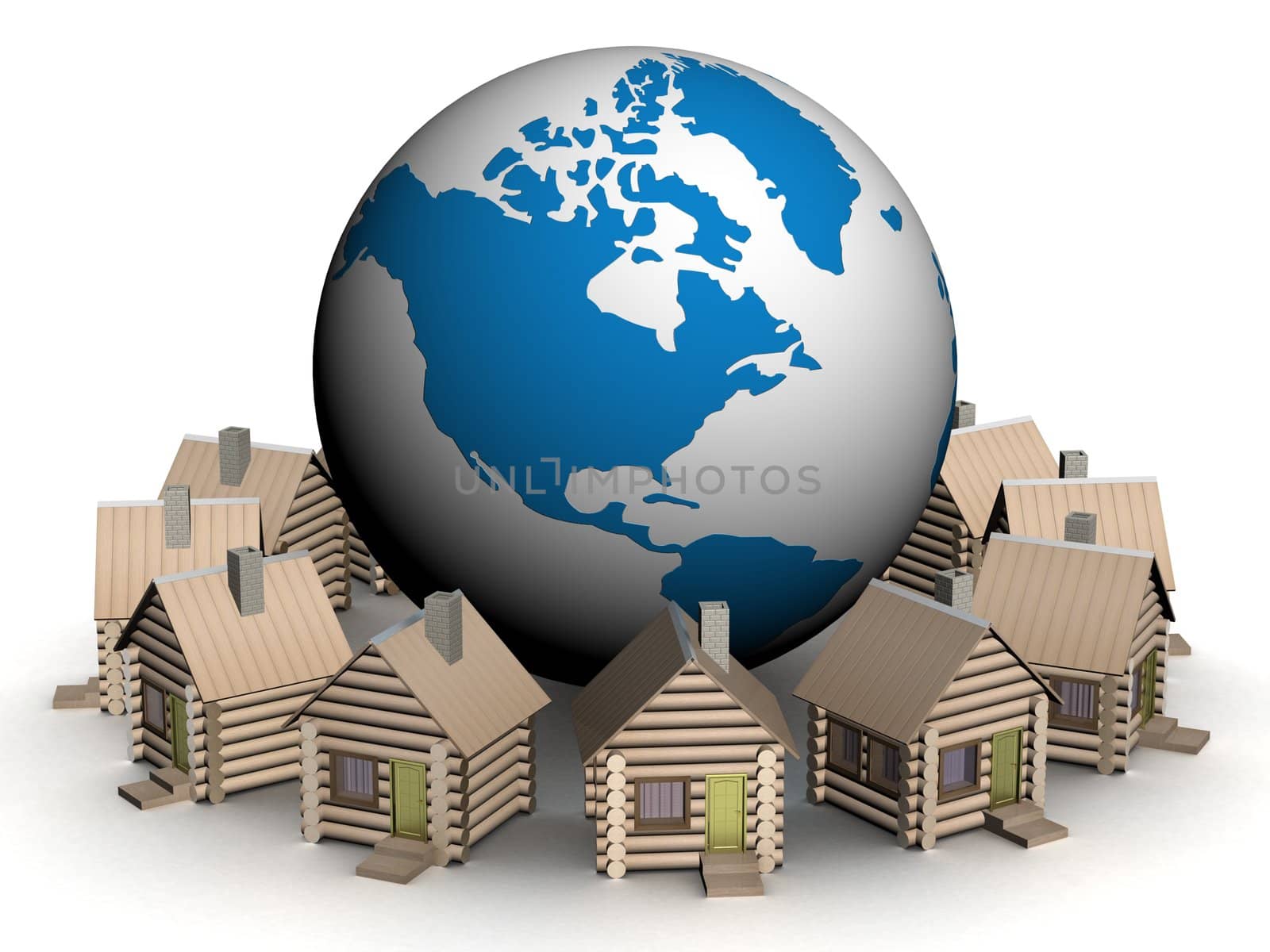 Wooden small houses round globe. 3D image.