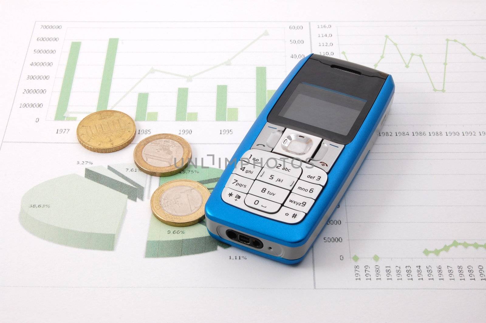 blue cell phone over business chart showing success
