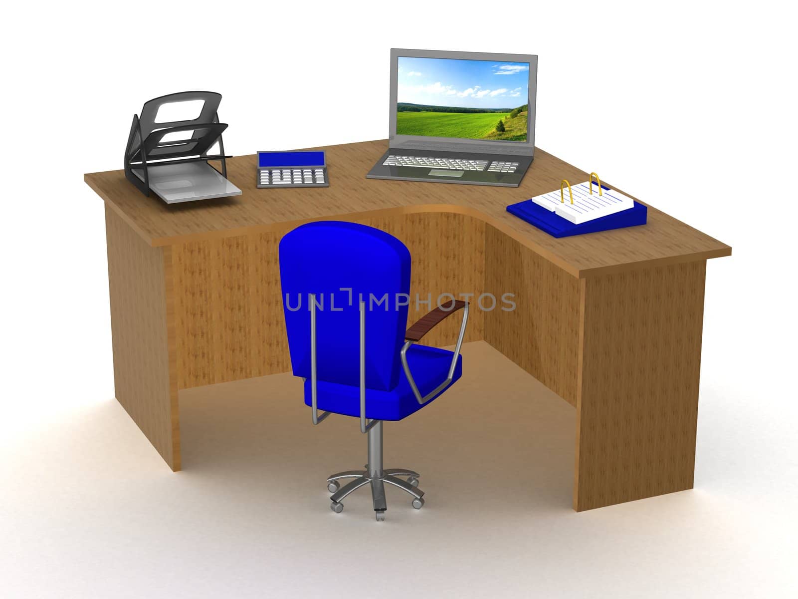 Interior of office workplace. 3D image.