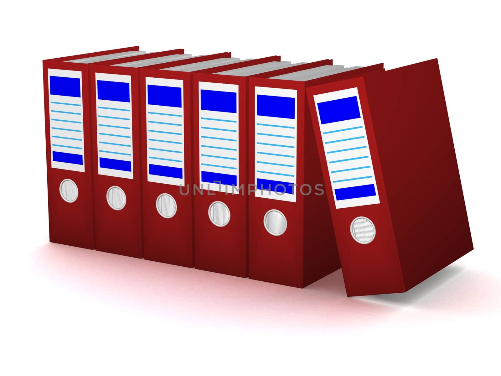 Row of red folders with documents on a white background