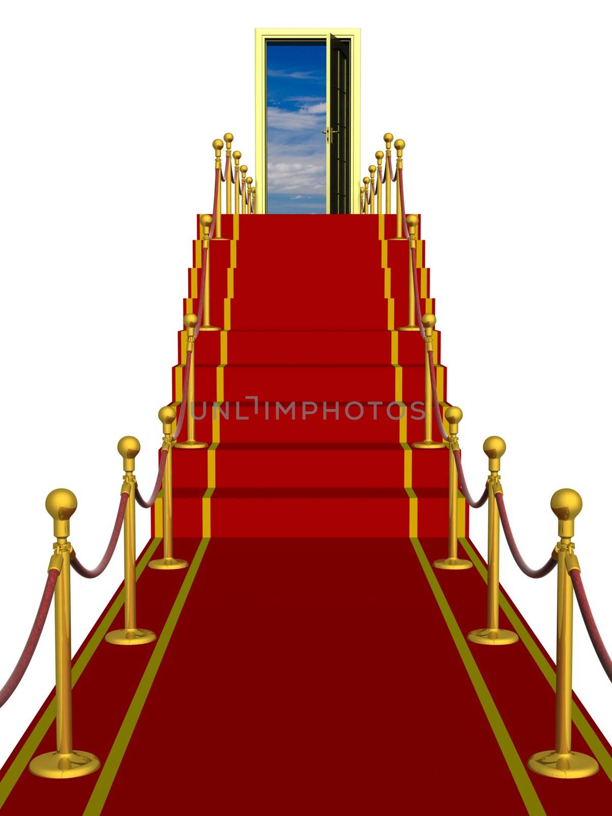 Red carpet path on a ladder with an open door against clouds