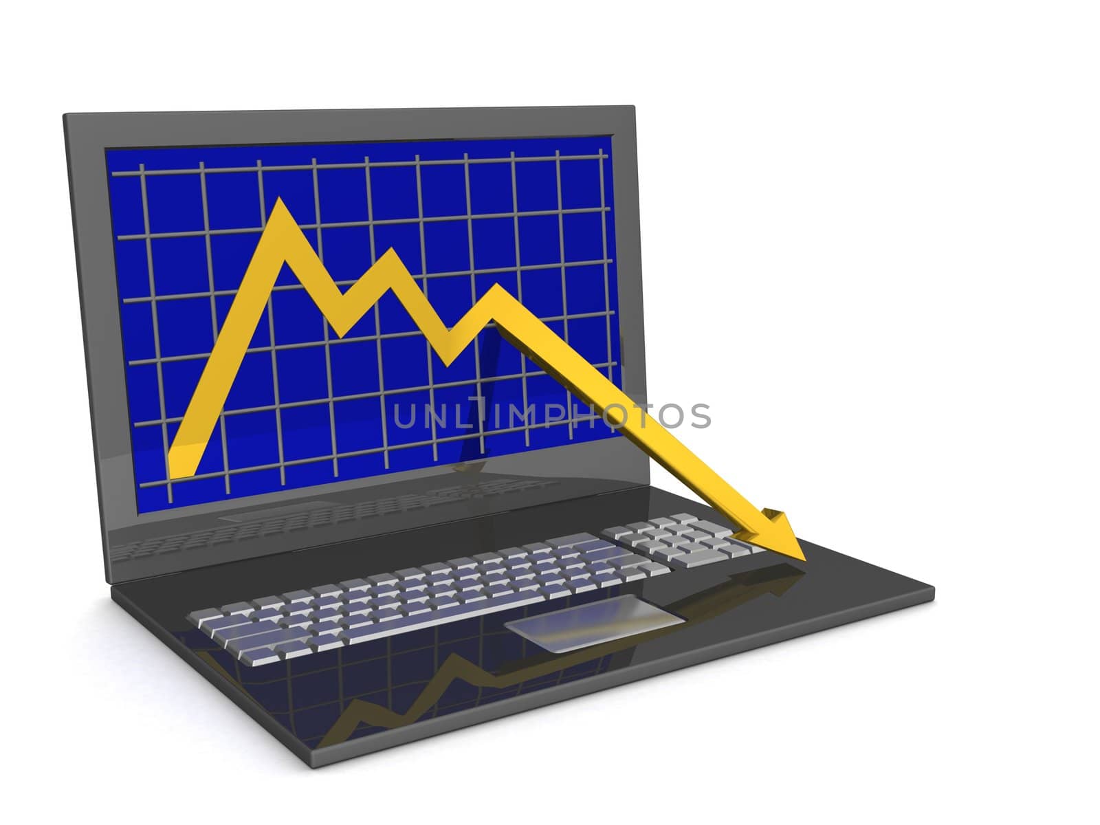 Laptop. The concept of financial falling. 3D image.