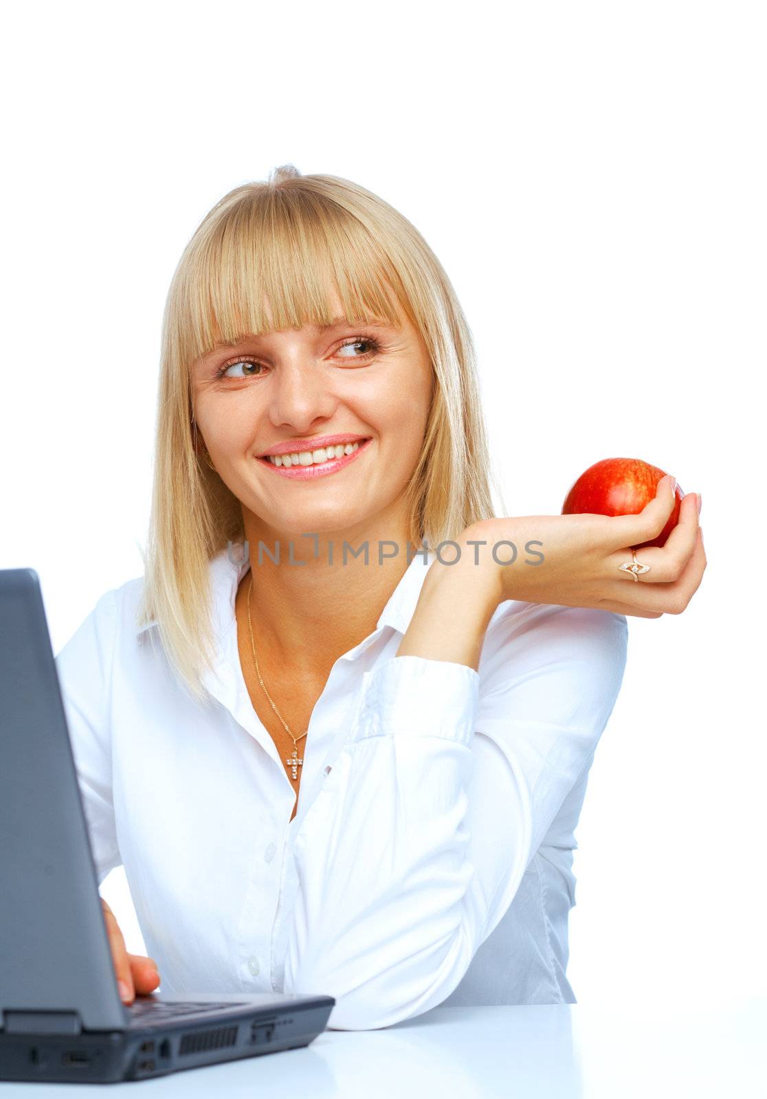 Close-up of a female student smiling and looking away over white background