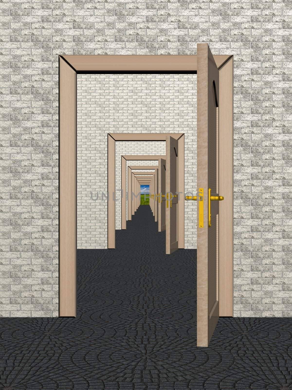 A row of the open doors. 3D image.